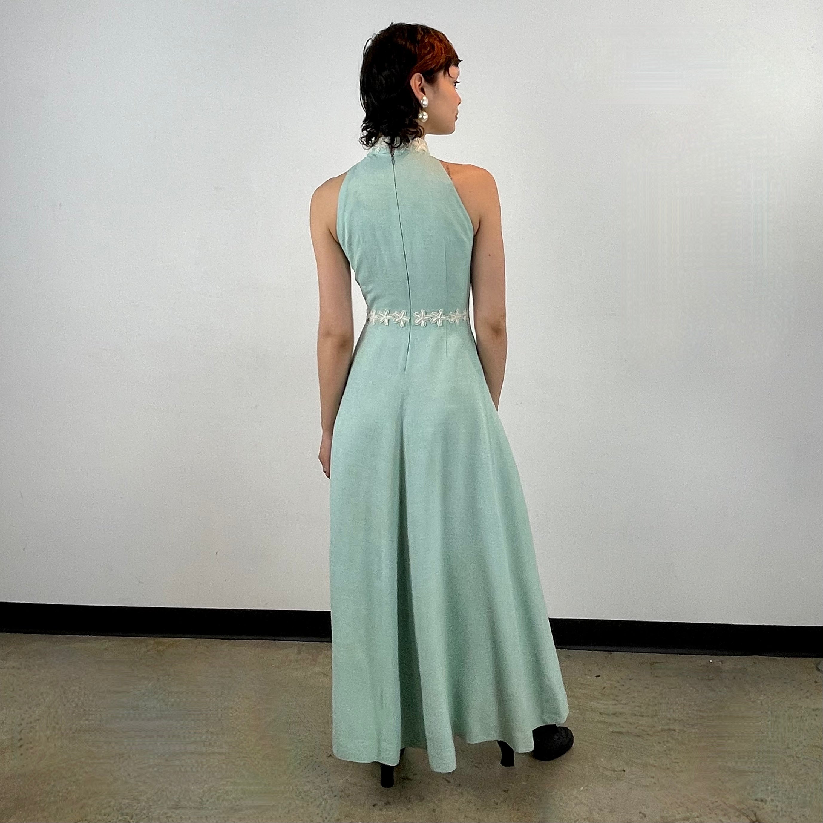 Boheme Vintage 1970s handmade cotton dress with embroidered floral neckline, fitted bodice, and flared skirt.