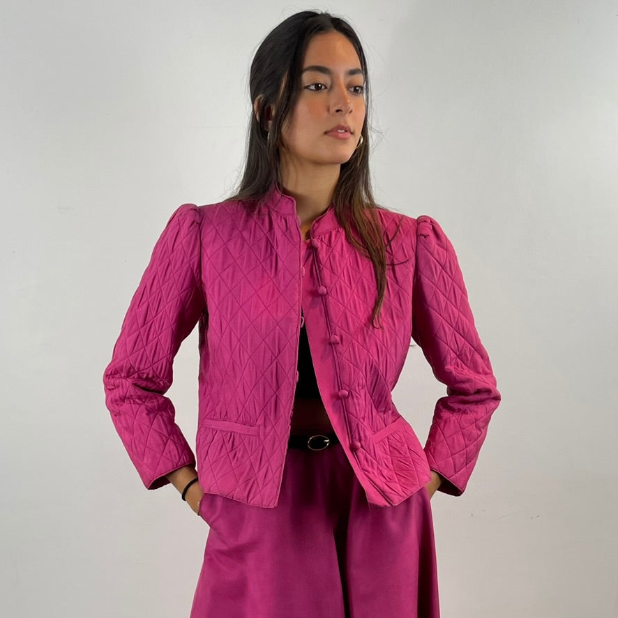 Boheme Vintage – Vintage 1970s Pierre Cardin 100% Silk Blazer and Flared Skirt Set with Mao Collar