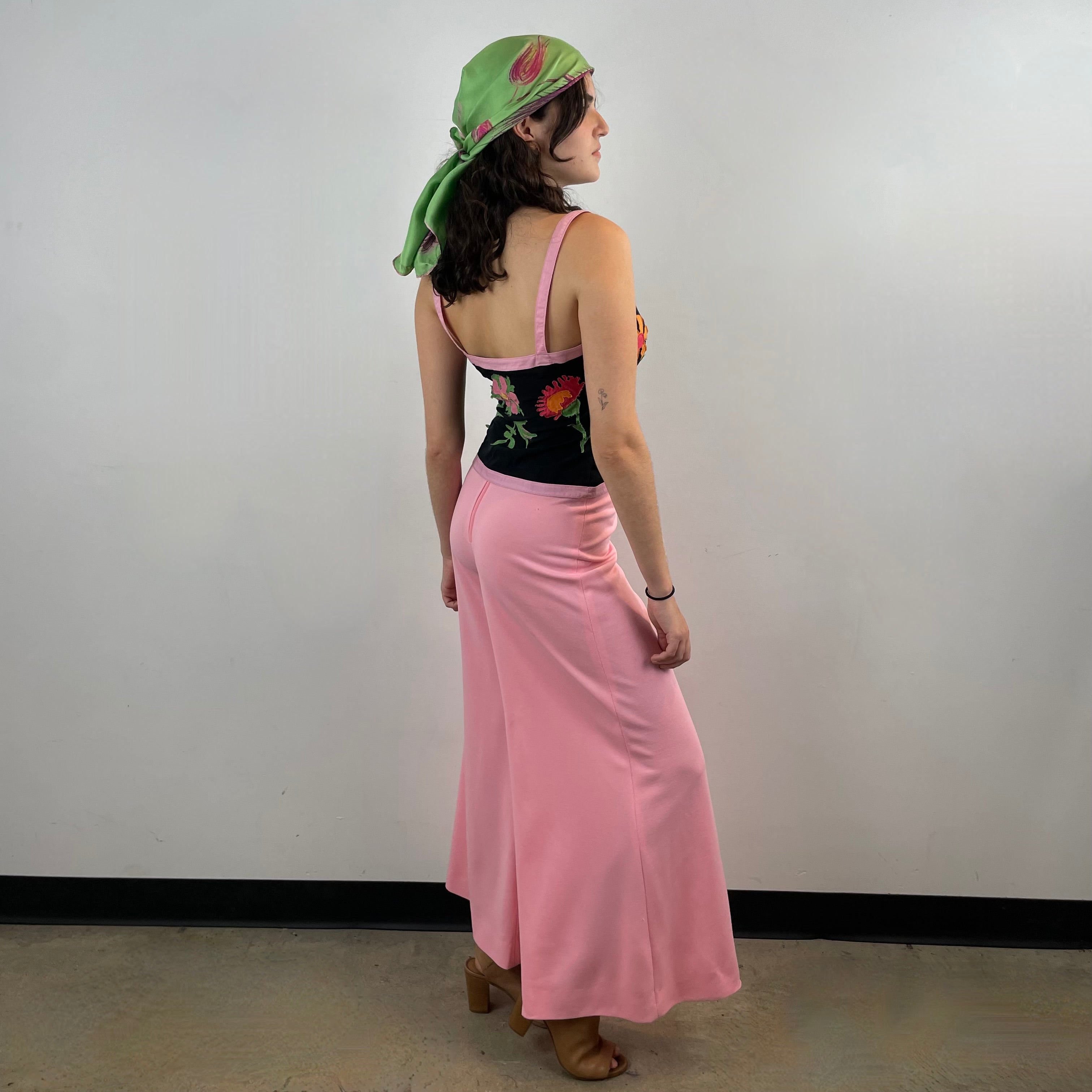 1970s handmade pink high-waisted wide leg jersey pants. Comfortable, flattering, and perfect for festivals, parties, and standout vintage style.