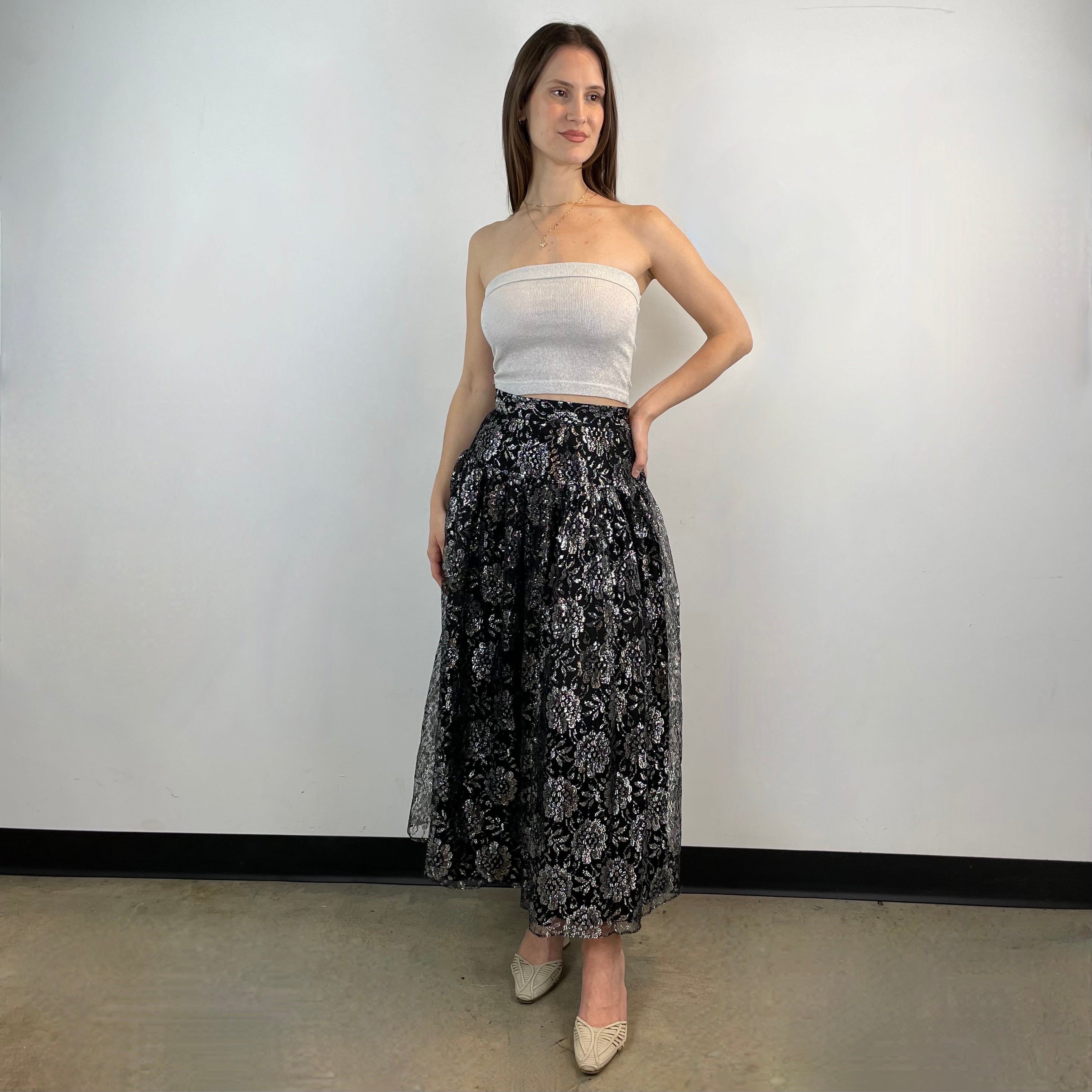 Front View of 1980s-1990s Silver Lace Yoke Maxi Skirt Size XS/Small sold at bohemevintage.com Montreal
