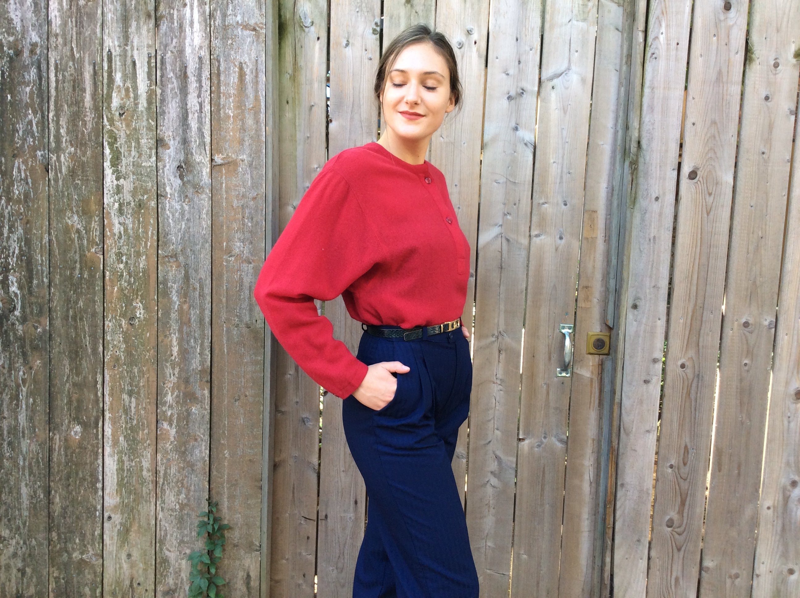 Boheme Vintage 1990s Audrey Laurent Montréal lightweight wool angora crew neck sweater with relaxed square silhouette and button placket.