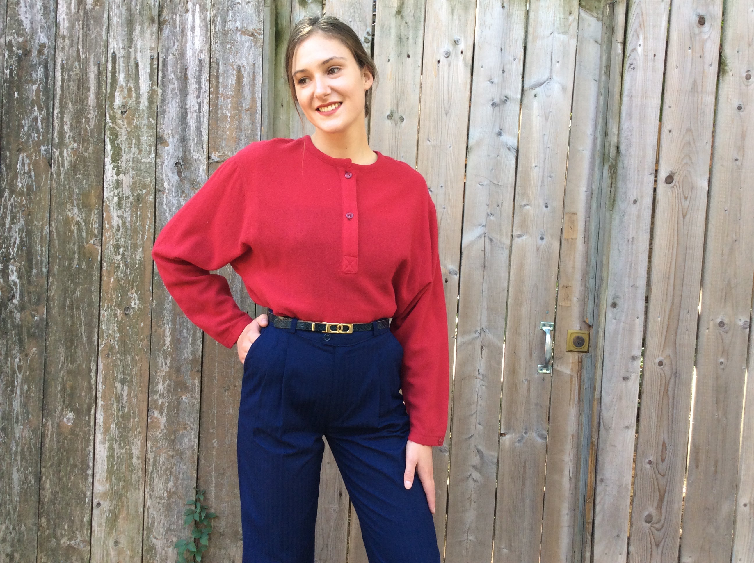 Boheme Vintage 1990s Audrey Laurent Montréal lightweight wool angora crew neck sweater with relaxed square silhouette and button placket.