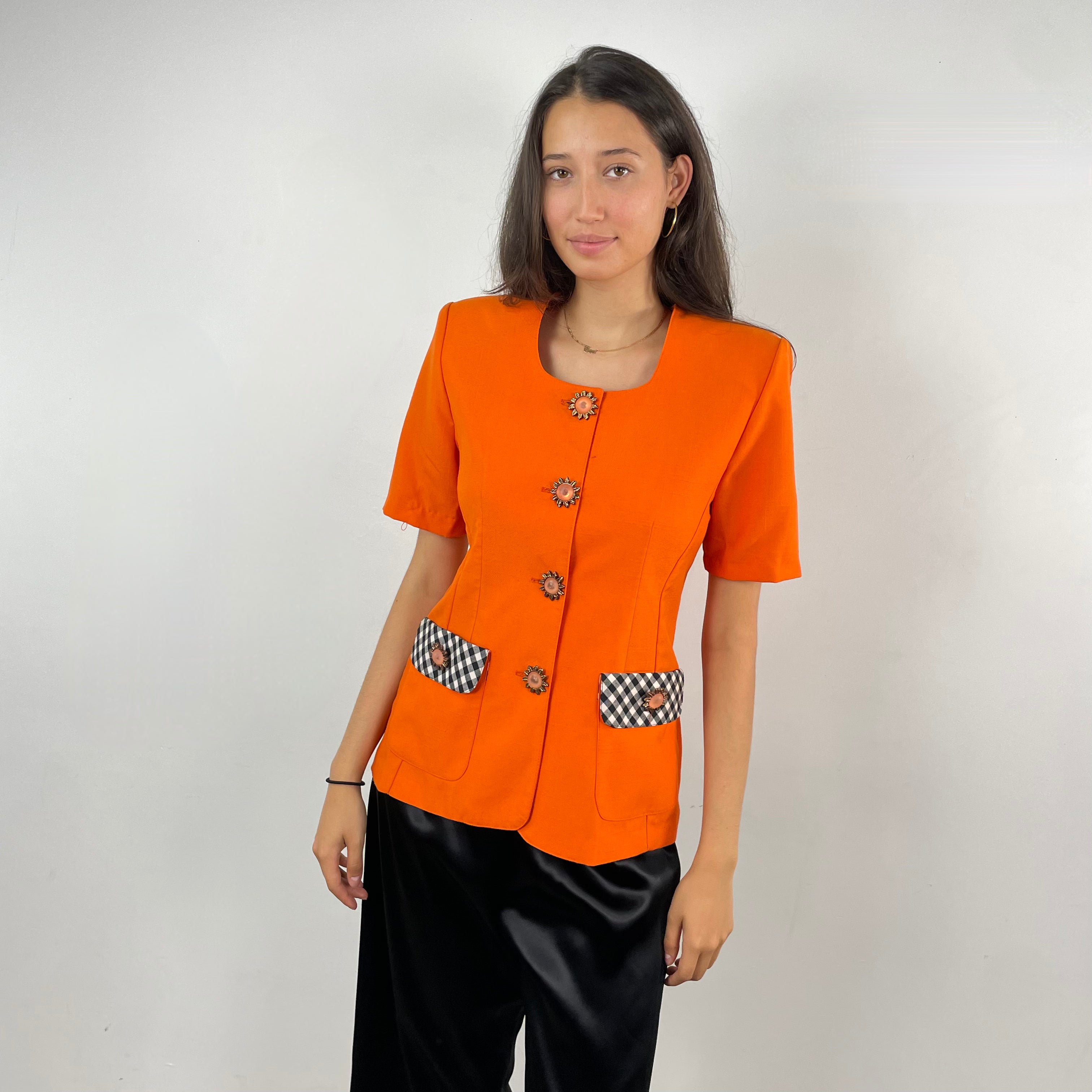 Boheme Vintage – Vintage 1980s Prima Donna Sportswear Orange Blazer Made in Canada with Flower-Shaped Buttons