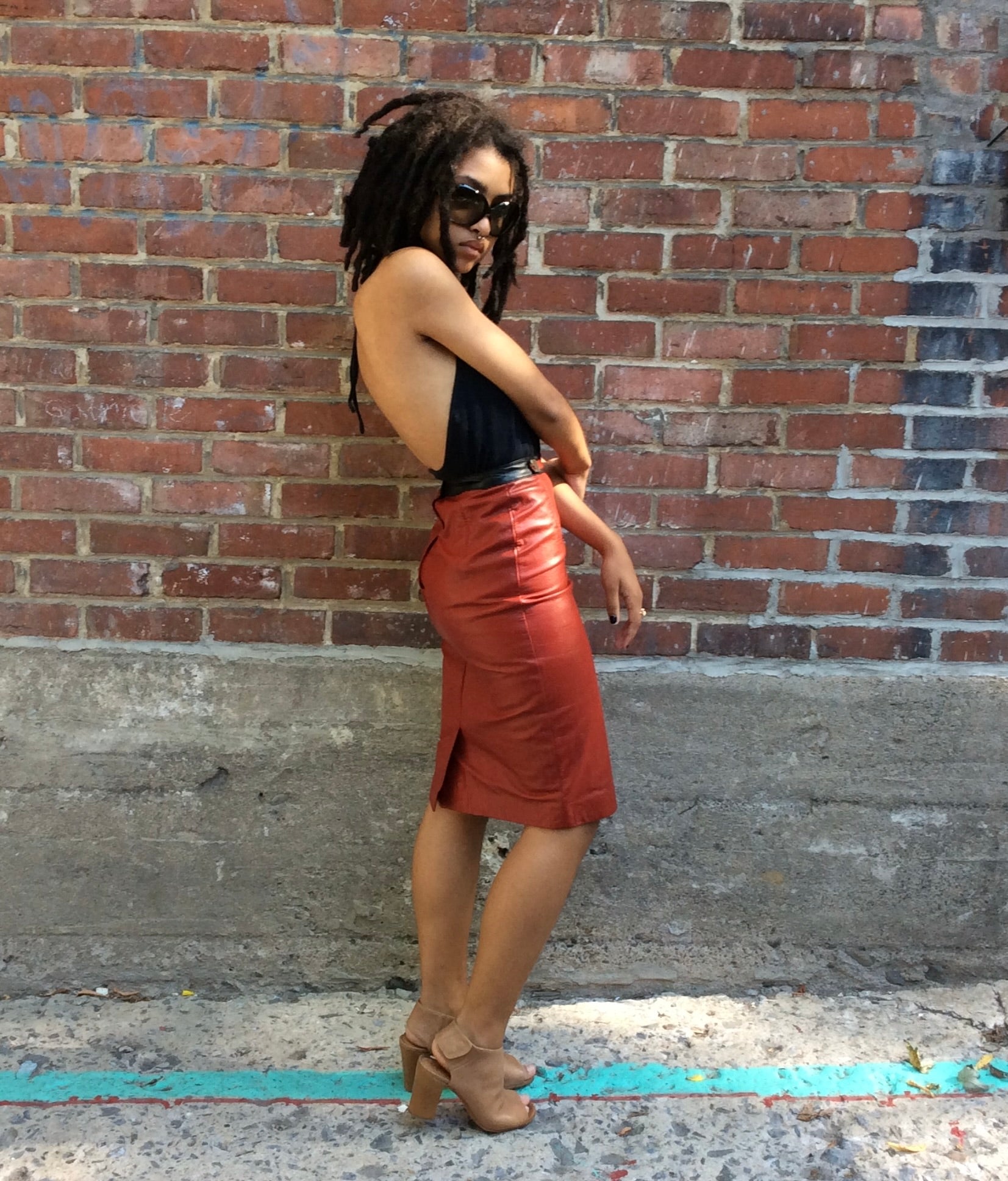 Boheme Vintage – Vintage Red Genuine Leather High-Waisted Skirt with Black Waistband and Decorative Belt Detail