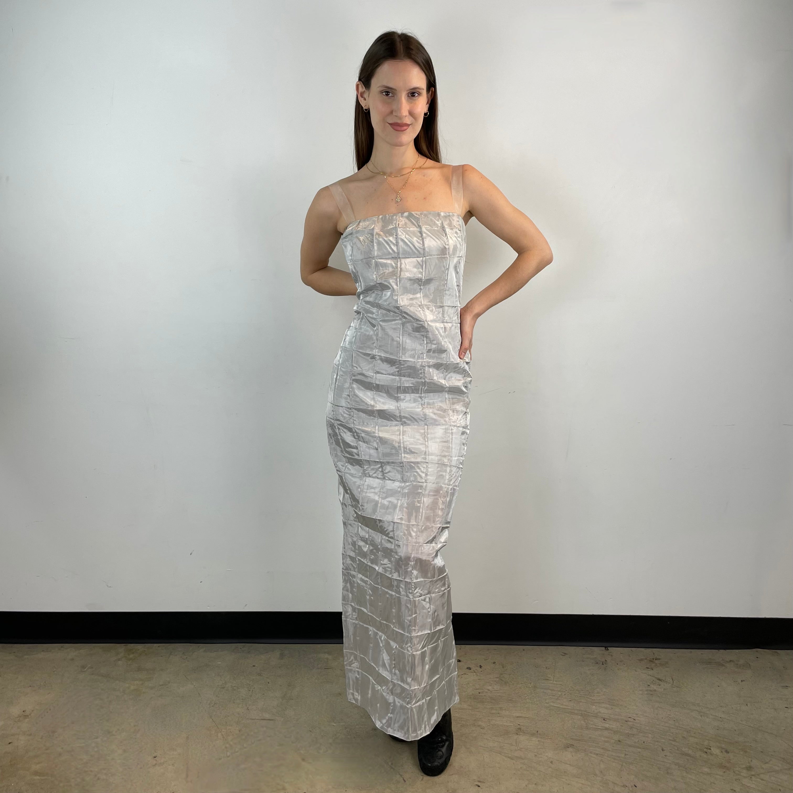 Front view of 1990s- 2000s Silver Sleeveless Maxi Sheath Dress Small sold on bohemevintage.com Montreal