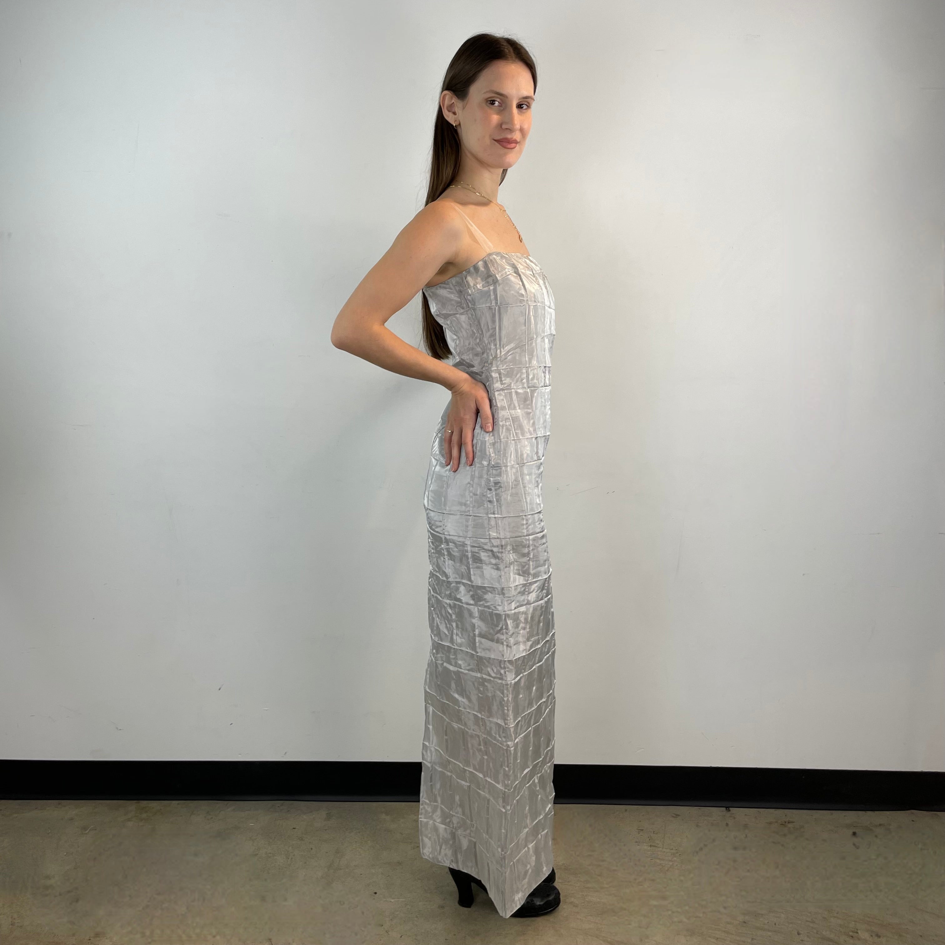 Side view of 1990s- 2000s Silver Sleeveless Maxi Sheath Dress Small sold on bohemevintage.com Montreal