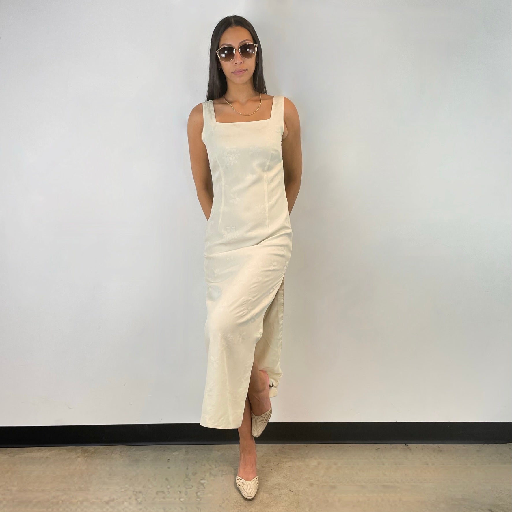 Boheme Vintage – Vintage Terra Nostra Collection Satin Brocade Straight Cut Dress Made in Canada with Side Slit