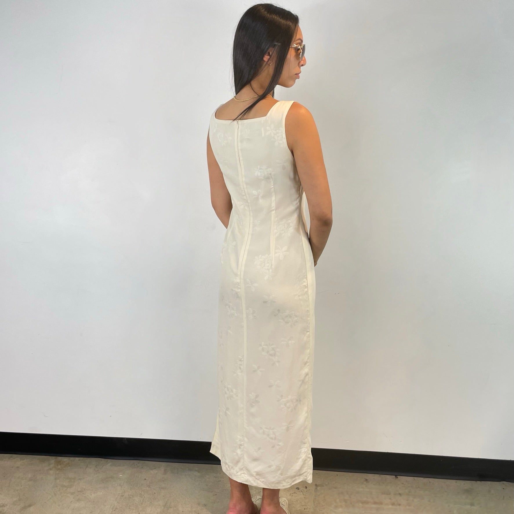 Boheme Vintage – Vintage Terra Nostra Collection Satin Brocade Straight Cut Dress Made in Canada with Side Slit