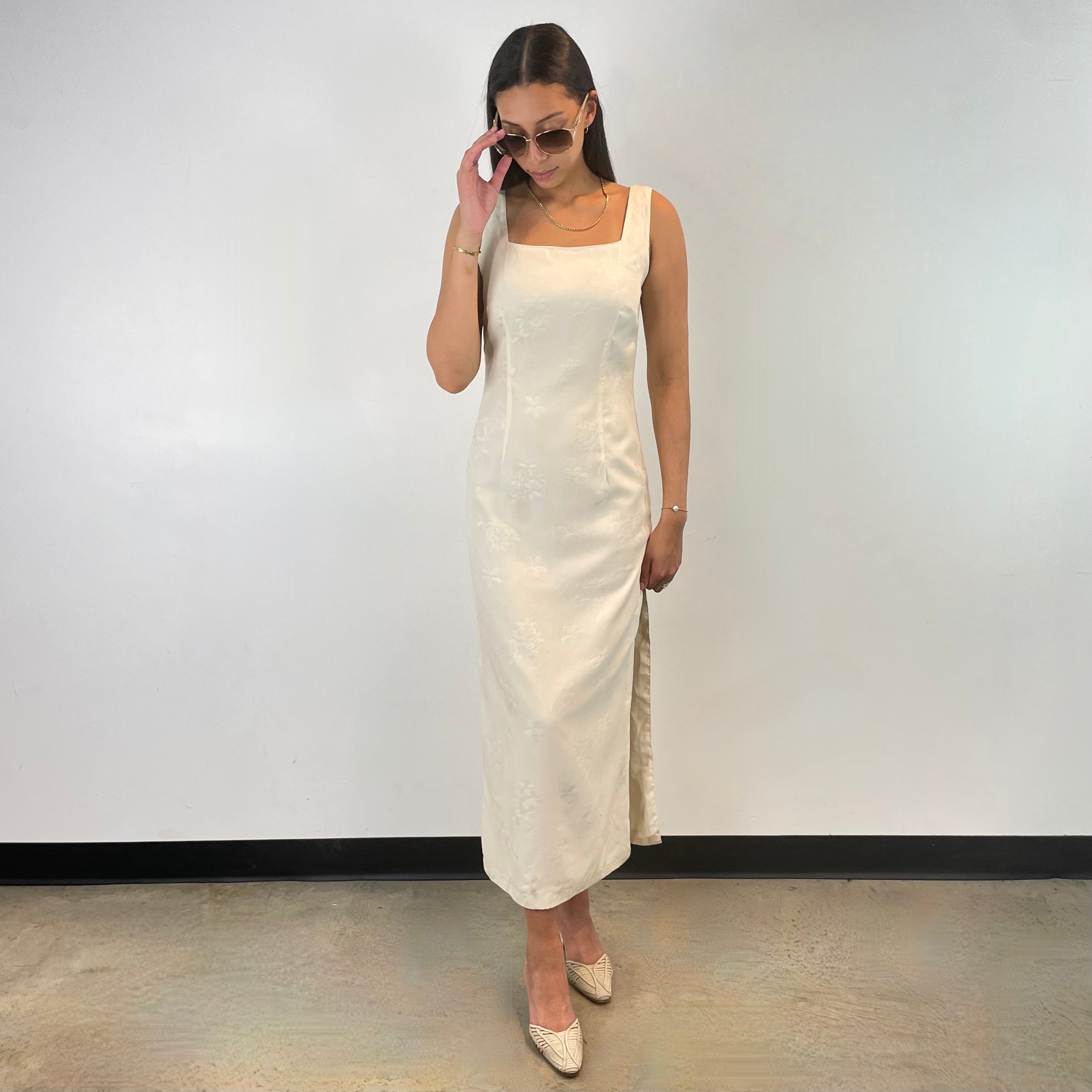 Boheme Vintage – Vintage Terra Nostra Collection Satin Brocade Straight Cut Dress Made in Canada with Side Slit