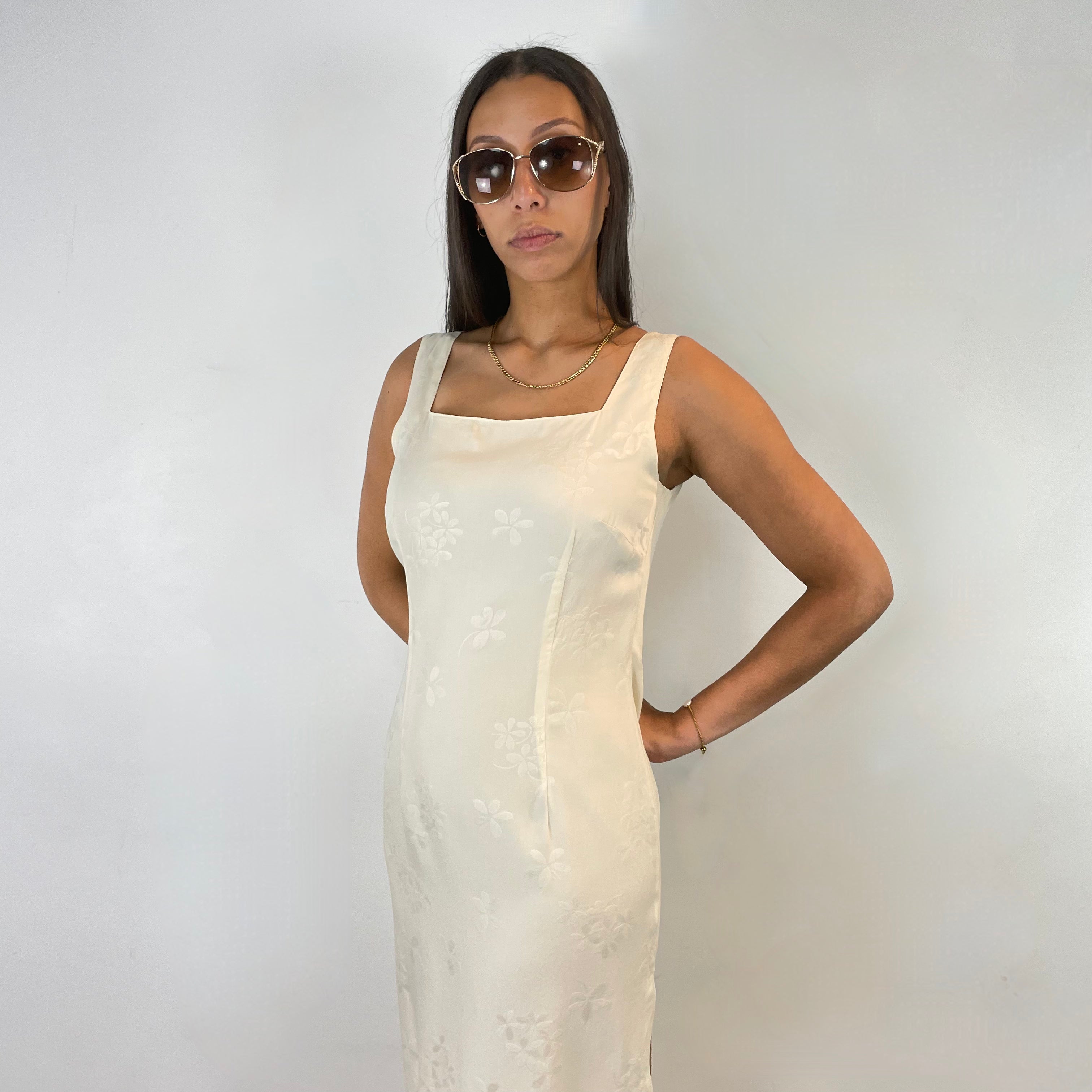 Boheme Vintage – Vintage Terra Nostra Collection Satin Brocade Straight Cut Dress Made in Canada with Side Slit