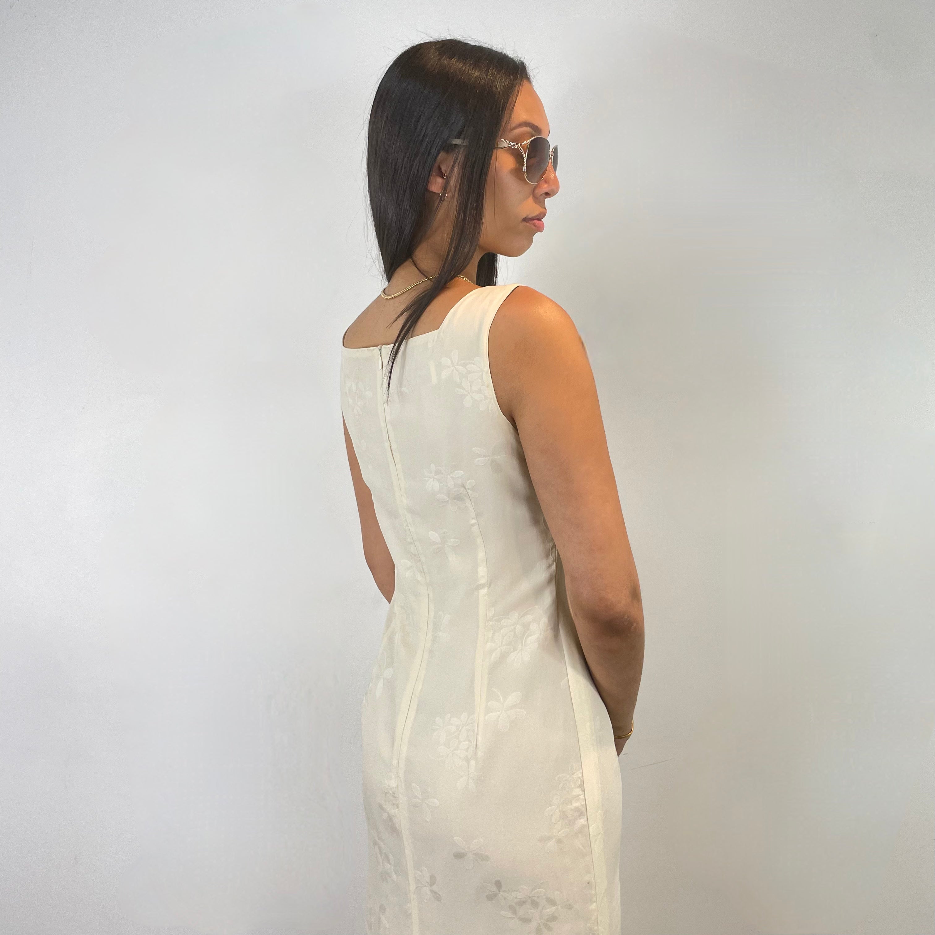 Boheme Vintage – Vintage Terra Nostra Collection Satin Brocade Straight Cut Dress Made in Canada with Side Slit