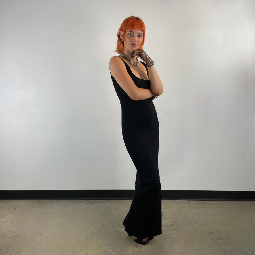 Robe longue noire décolletée en jersey des années 1990, tailles petite/moyenne