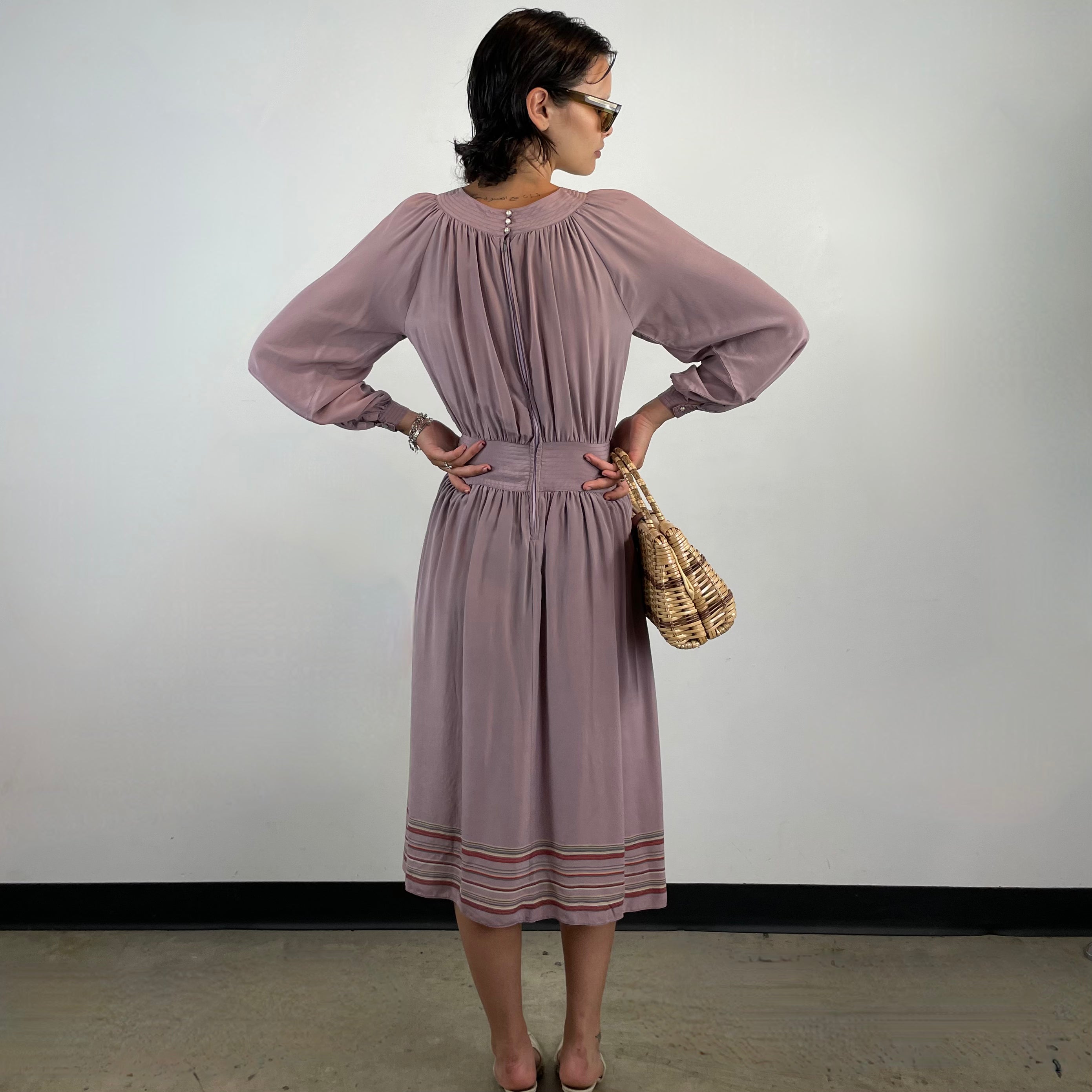 Back view 1970s Long Sleeved Silk Midi Dress 
Size small
Sold at bohemevintage.com 
Montréal 