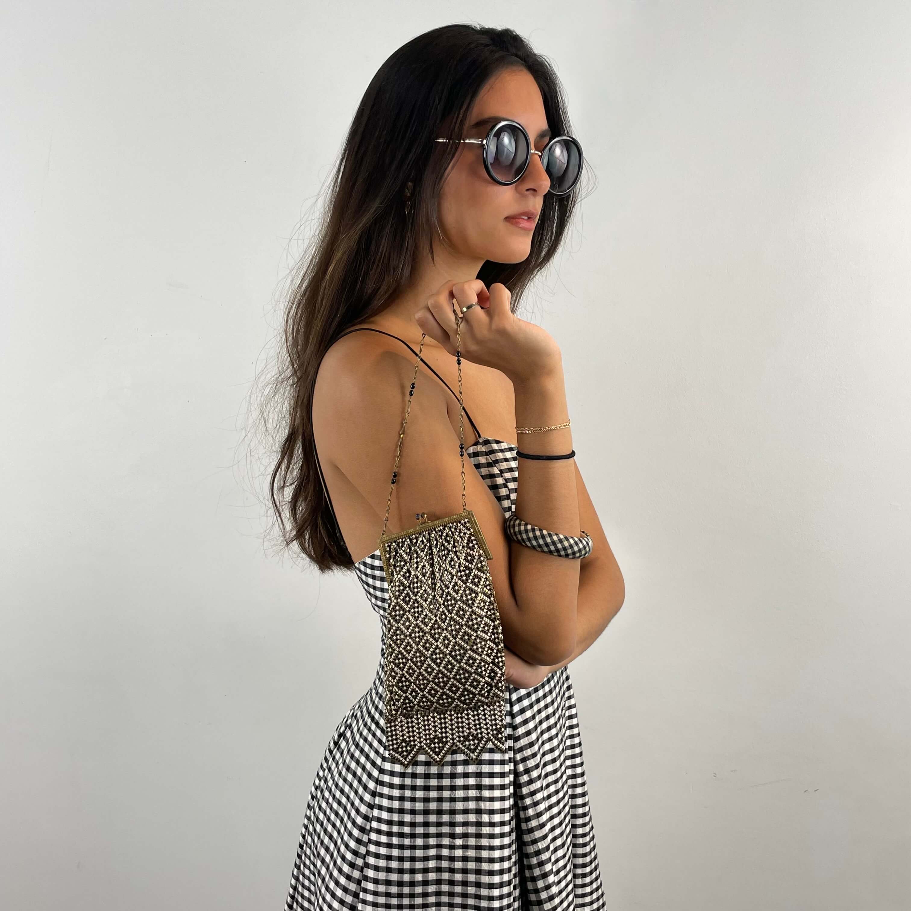 Vintage Black and White Checkered Open Back Sleeveless Silk Gown Extra Small/Small - Boheme Vintage Montreal