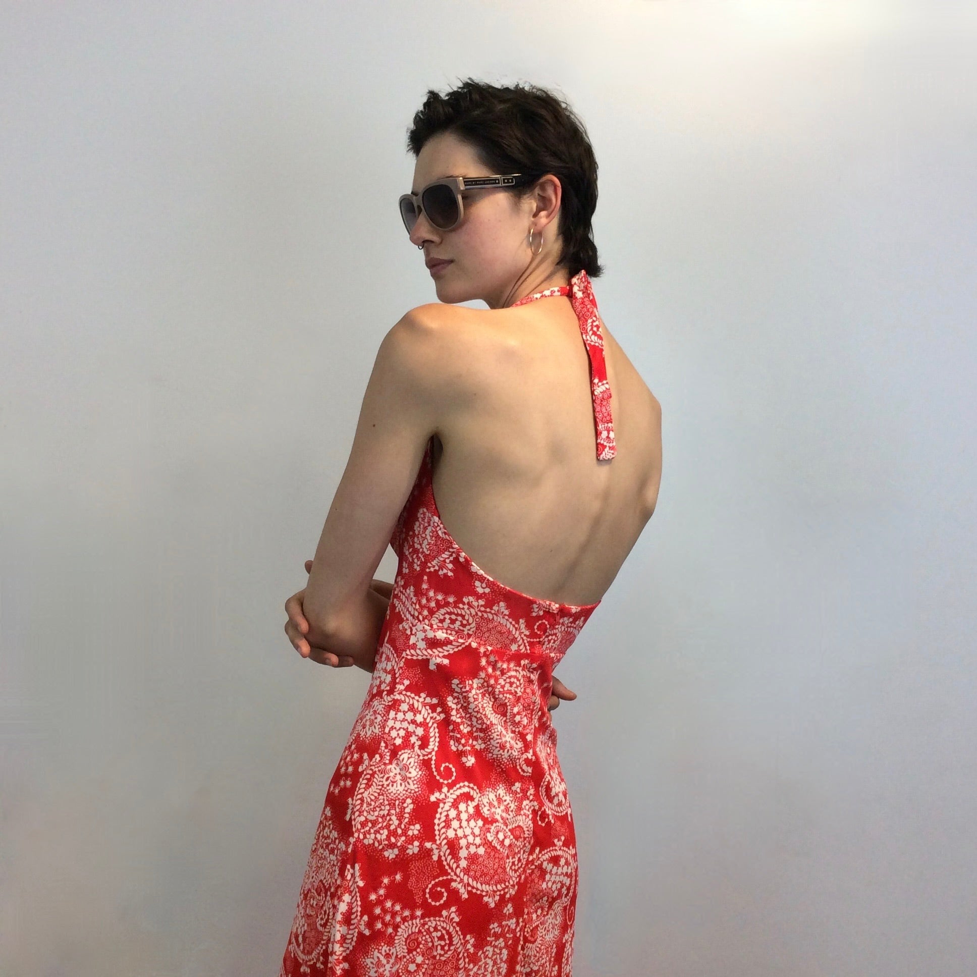 Close up back view of 1970s Tie Back Halter Top Maxi Dress 
Size Small
Sold at bohemevintage.com, Montréal