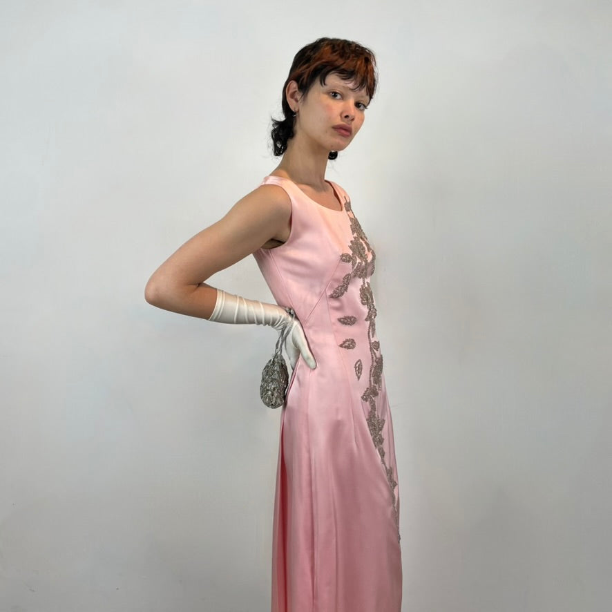 Close up side view 1960s Pink Satin Gown with Beading 
Size Small
Sold at bohemevintage.com Montréal