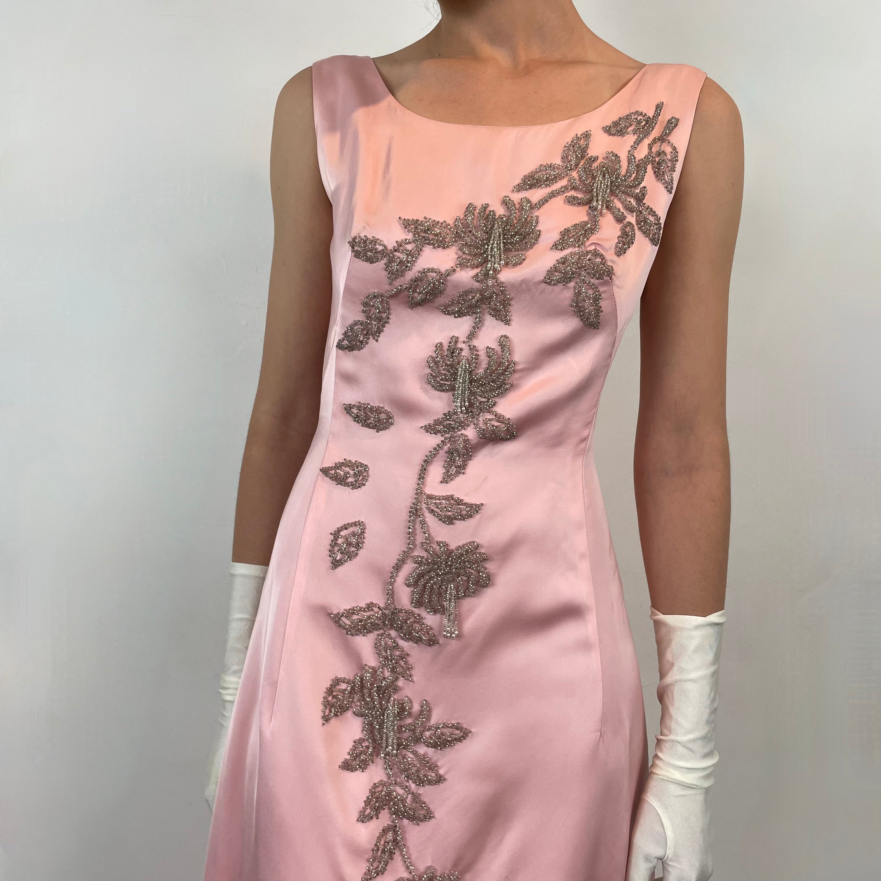 Close up view 1960s Pink Satin Gown with Beading 
Size Small
Sold at bohemevintage.com Montréal