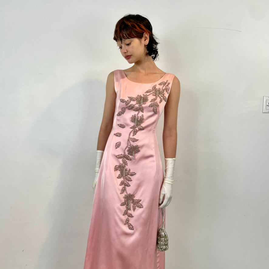Front view 1960s Pink Satin Gown with Beading 
Size Small
Sold at bohemevintage.com Montréal 