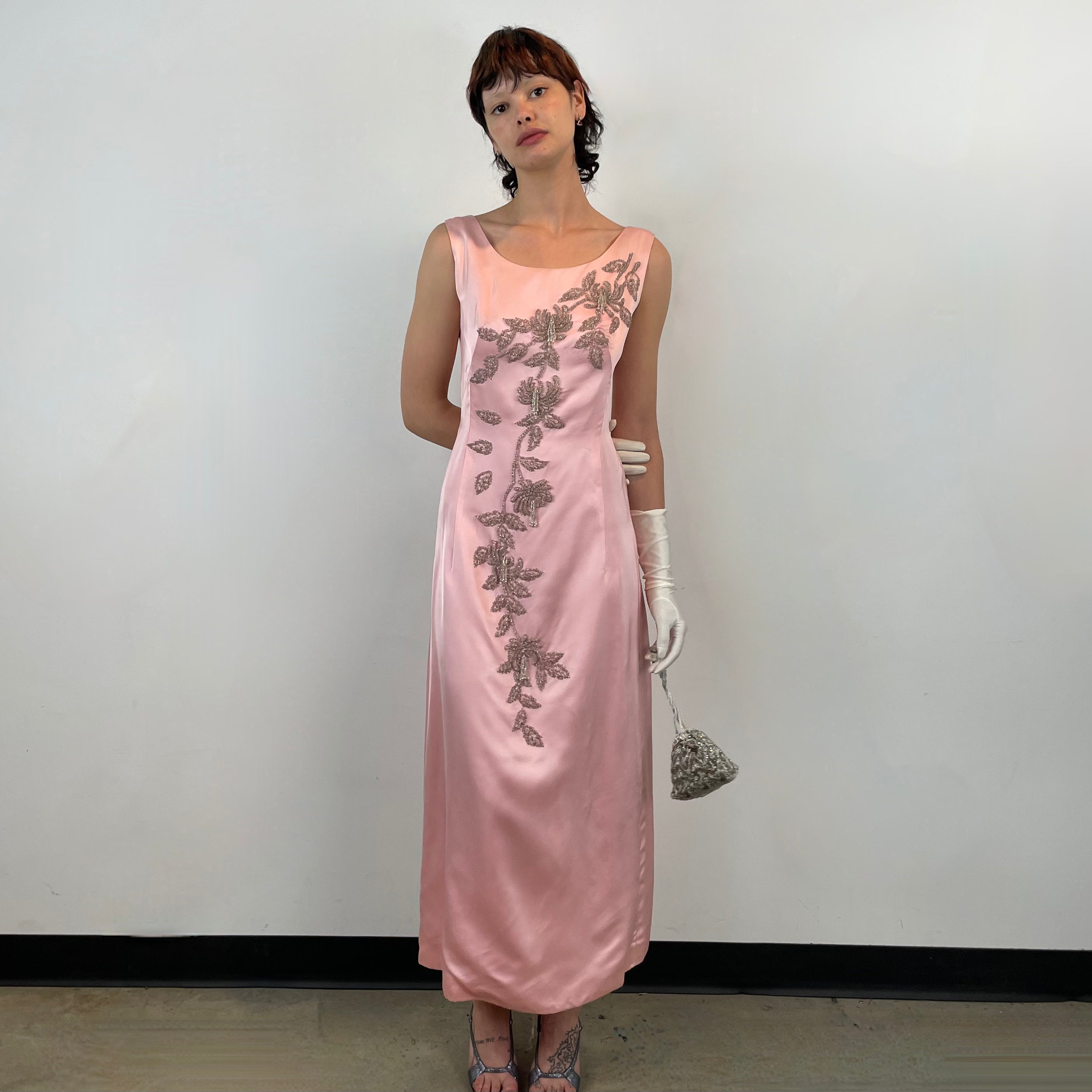 Front view 1960s Pink Satin Gown with Beading 
Size Small
Sold at bohemevintage.com Montréal 