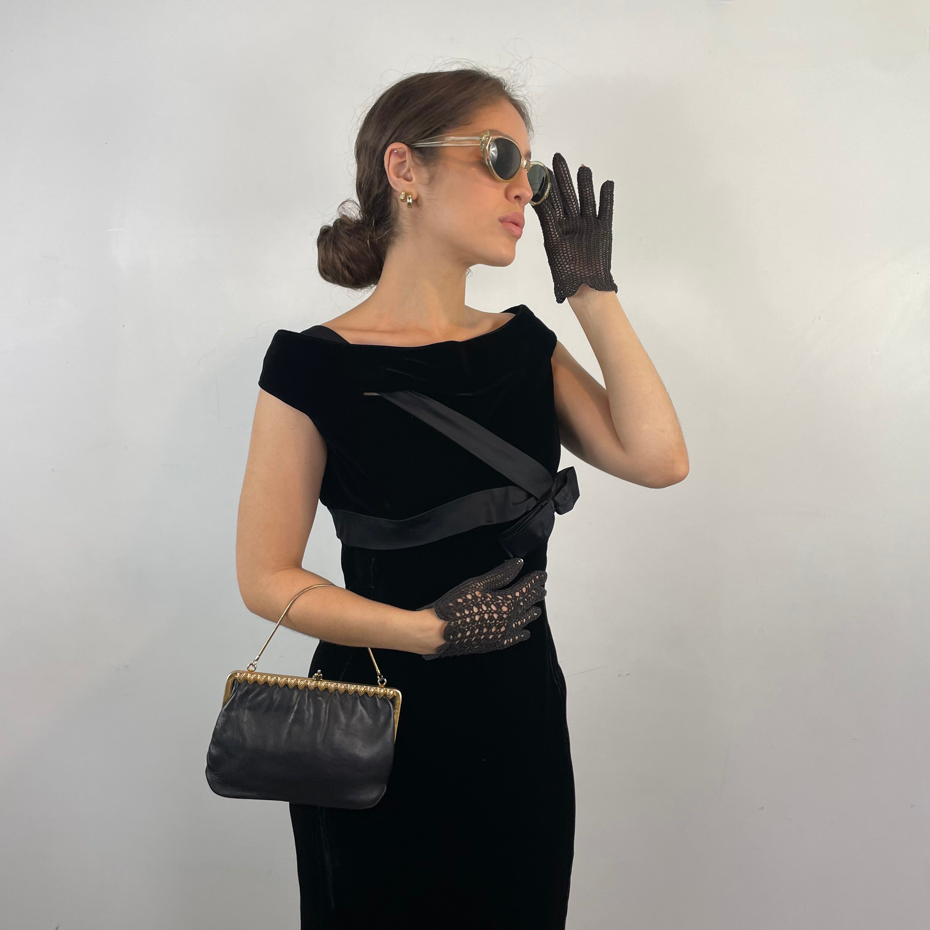 Vintage 1960s Off the Shoulder Black Velvet Midi Dress Small, with bow accent 