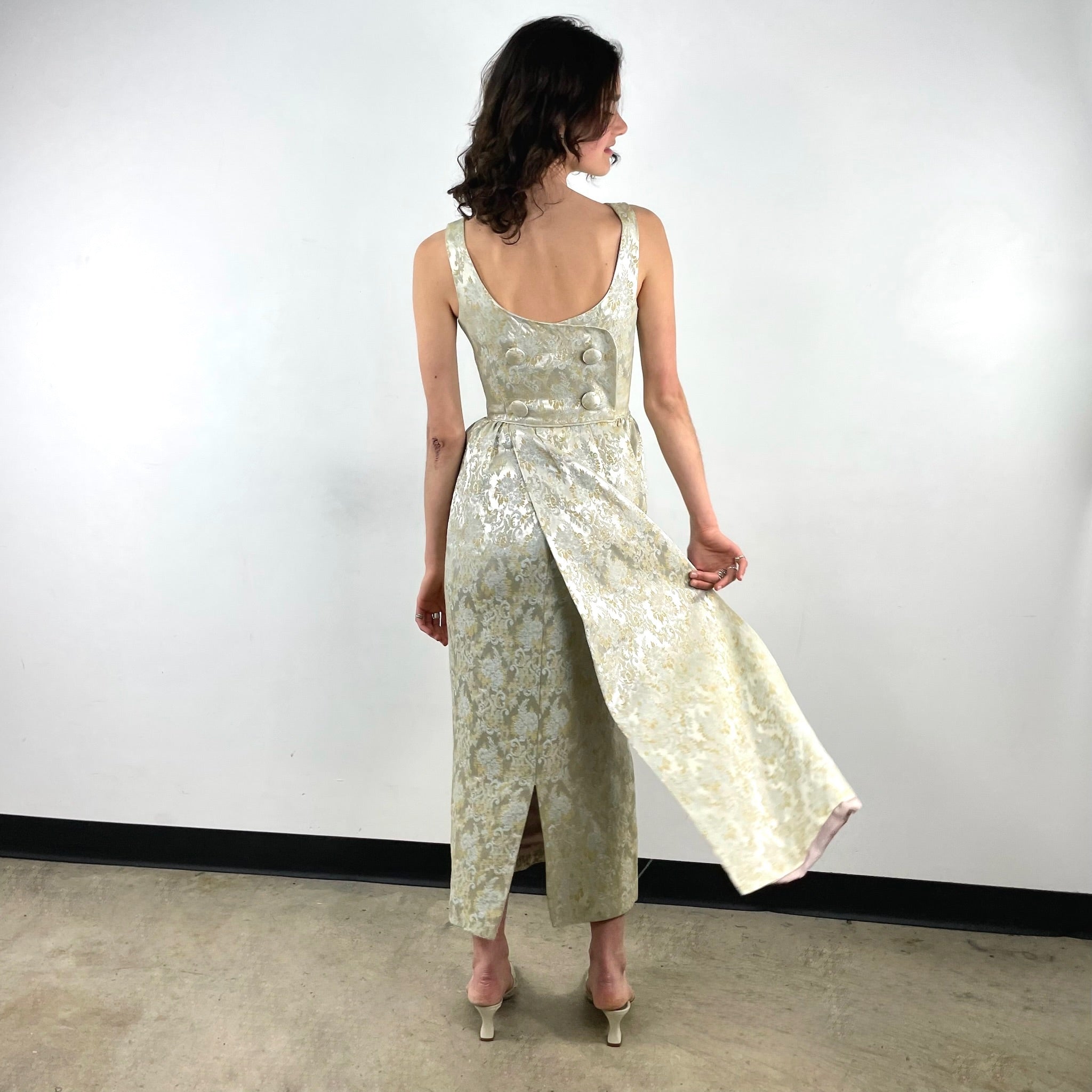 1960s Satin Brocade Sleeveless Gown Small