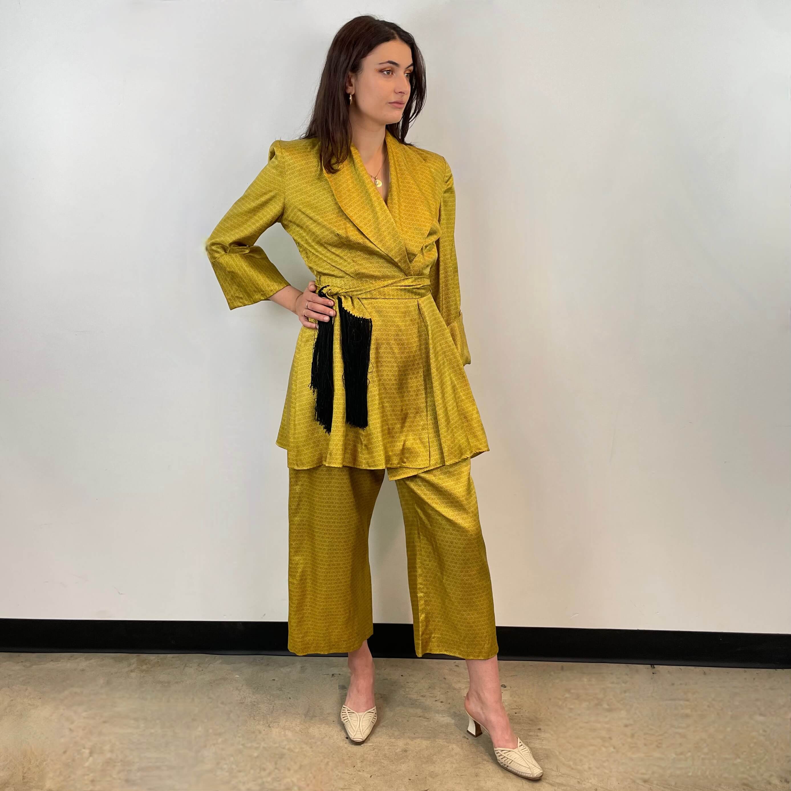 Front view of 1950s Gold Satin Robe and Pants Loungewear Set Size Small/Medium sold at bohemevintage.com Montreal