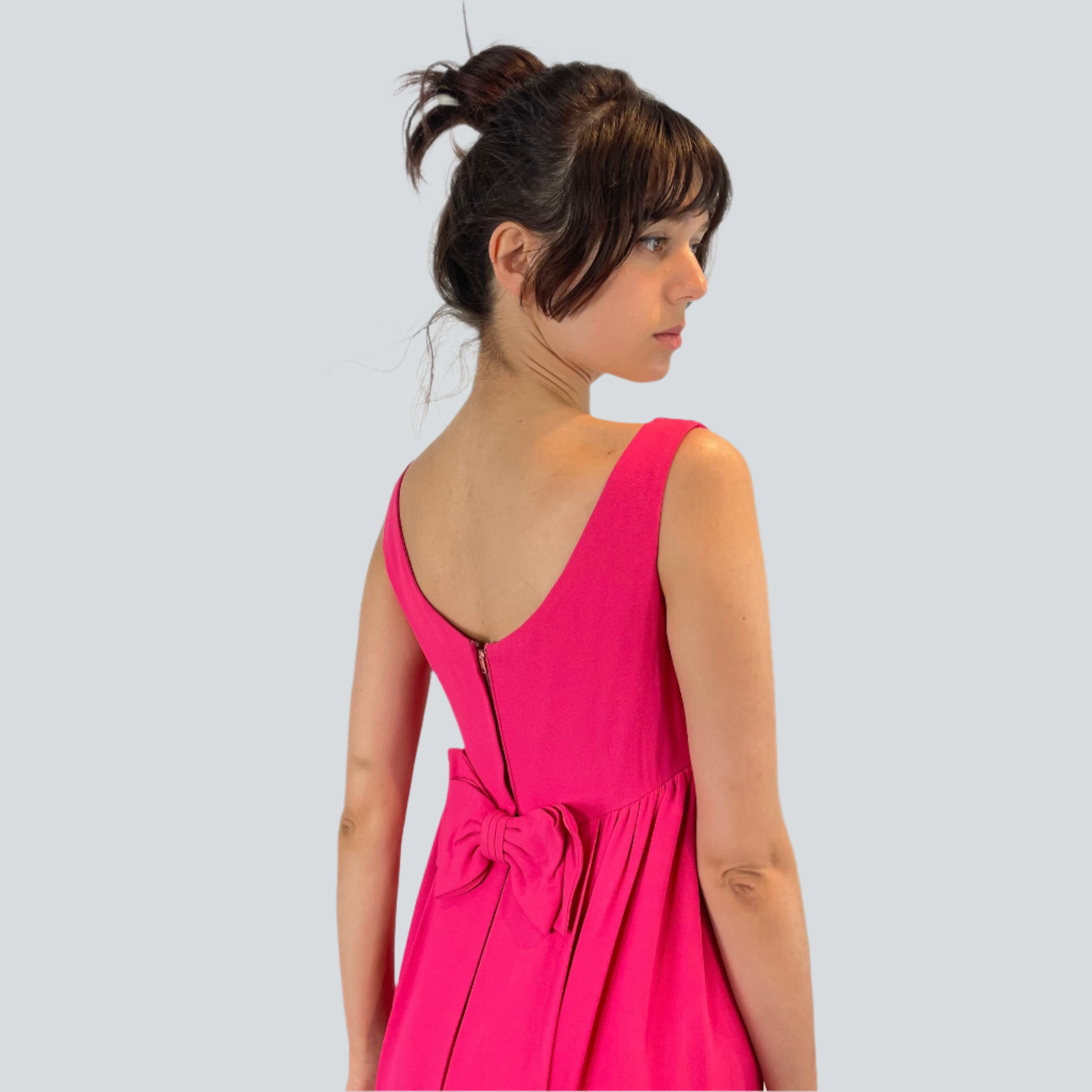  Back view close-up of 1960s Fuchsia Empire Waist Beaded Gown Size X-Small/ Small sold at bohemevintage.com Montreal