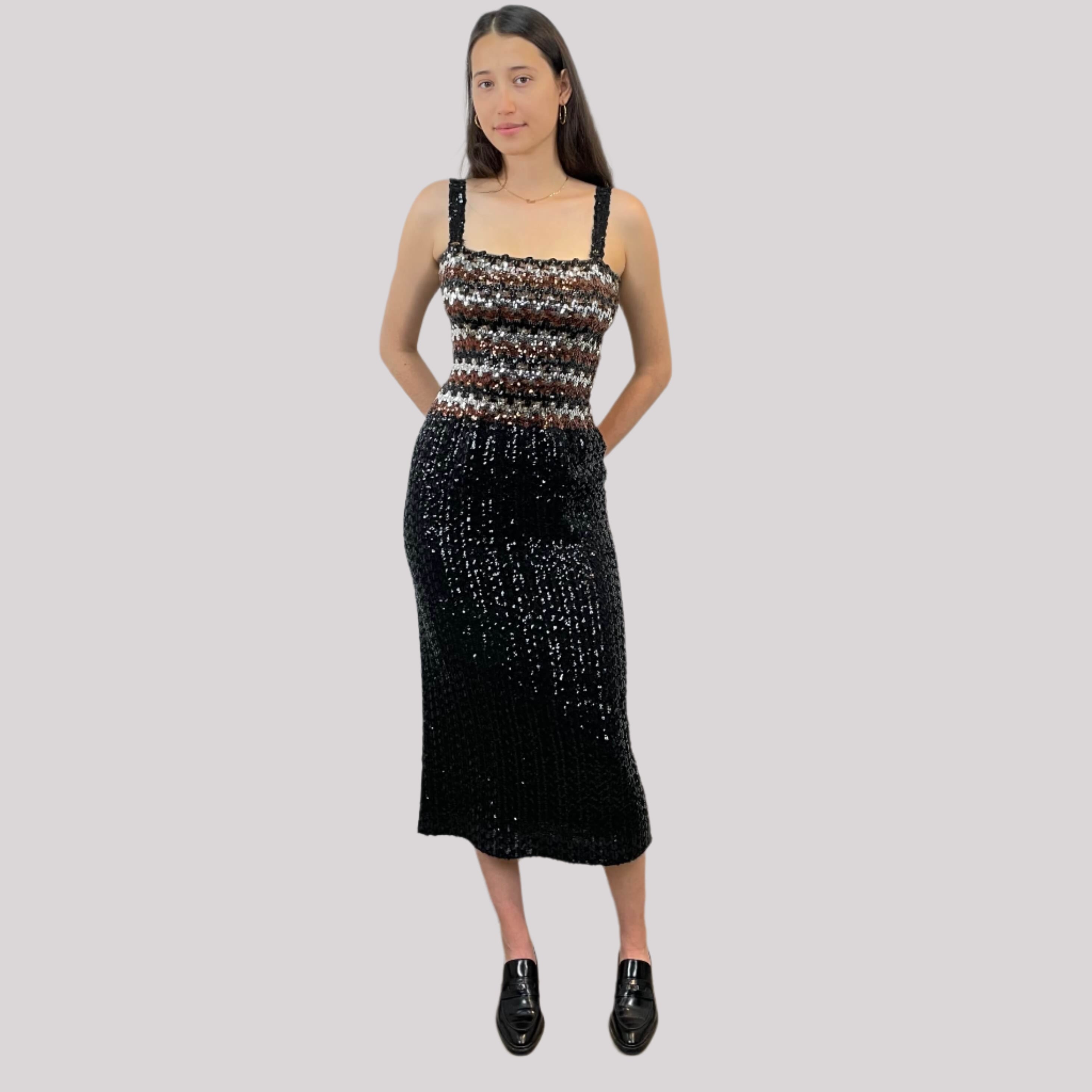 Front view of 1970s Black Sequin Midi Dress Small-Medium sold by bohemevintage.com Montreal