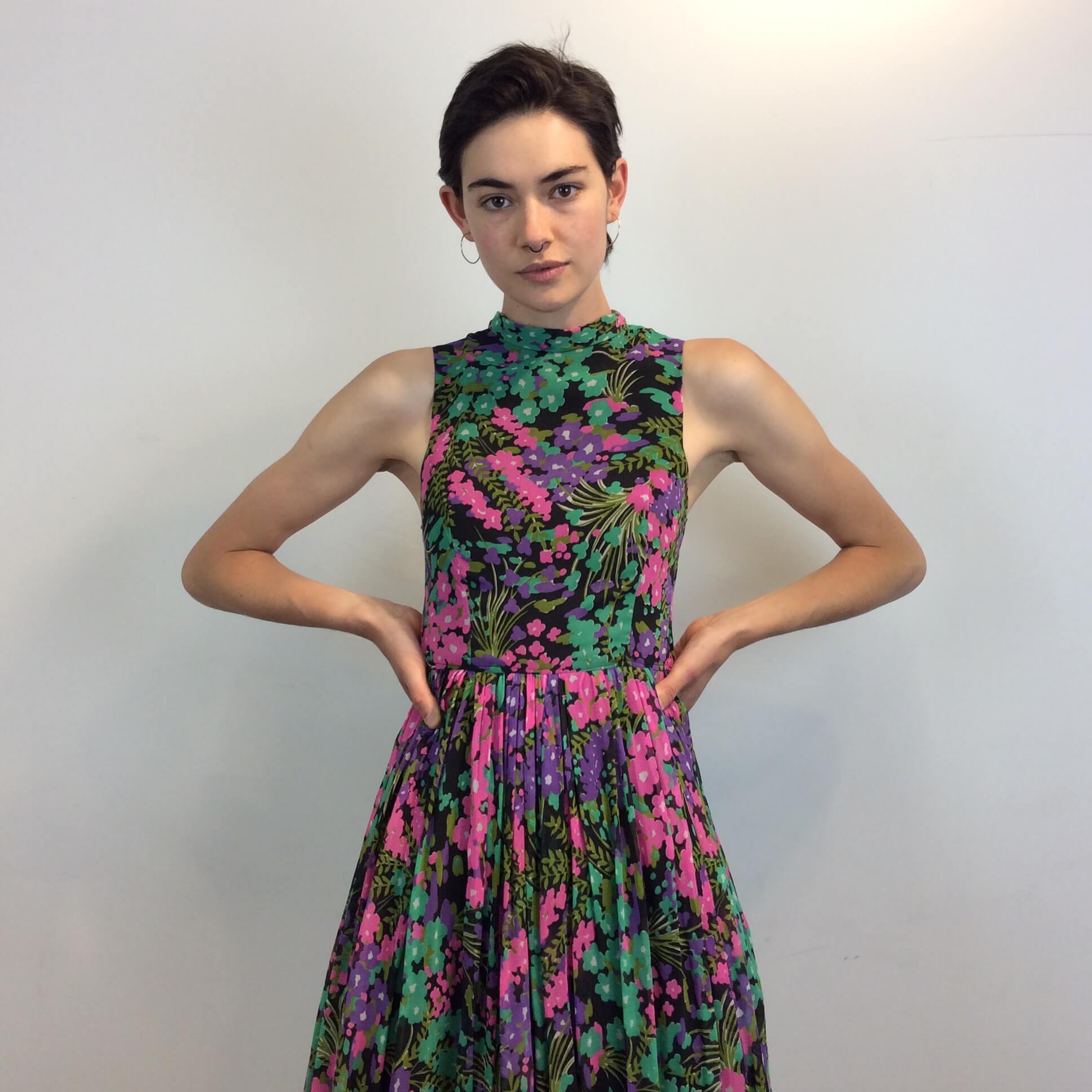 Close up view of Front of 1970s Floral Print Wide Leg Jumpsuit Size Small sold at bohemevintage.com Montreal 