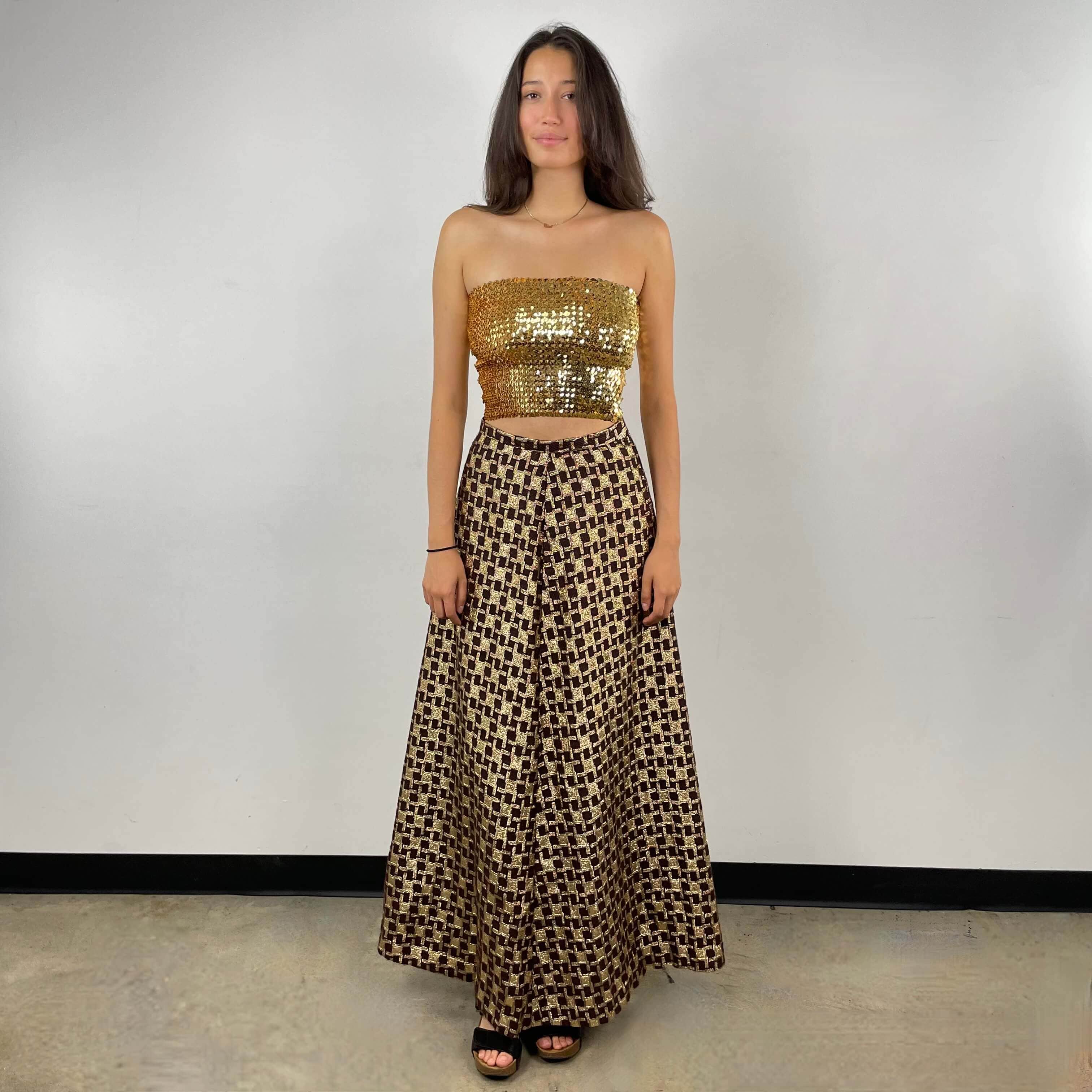  1970s Gold Brocade Flared Maxi Skirt Size small / Medium  sold at bohemevintage.com Montreal