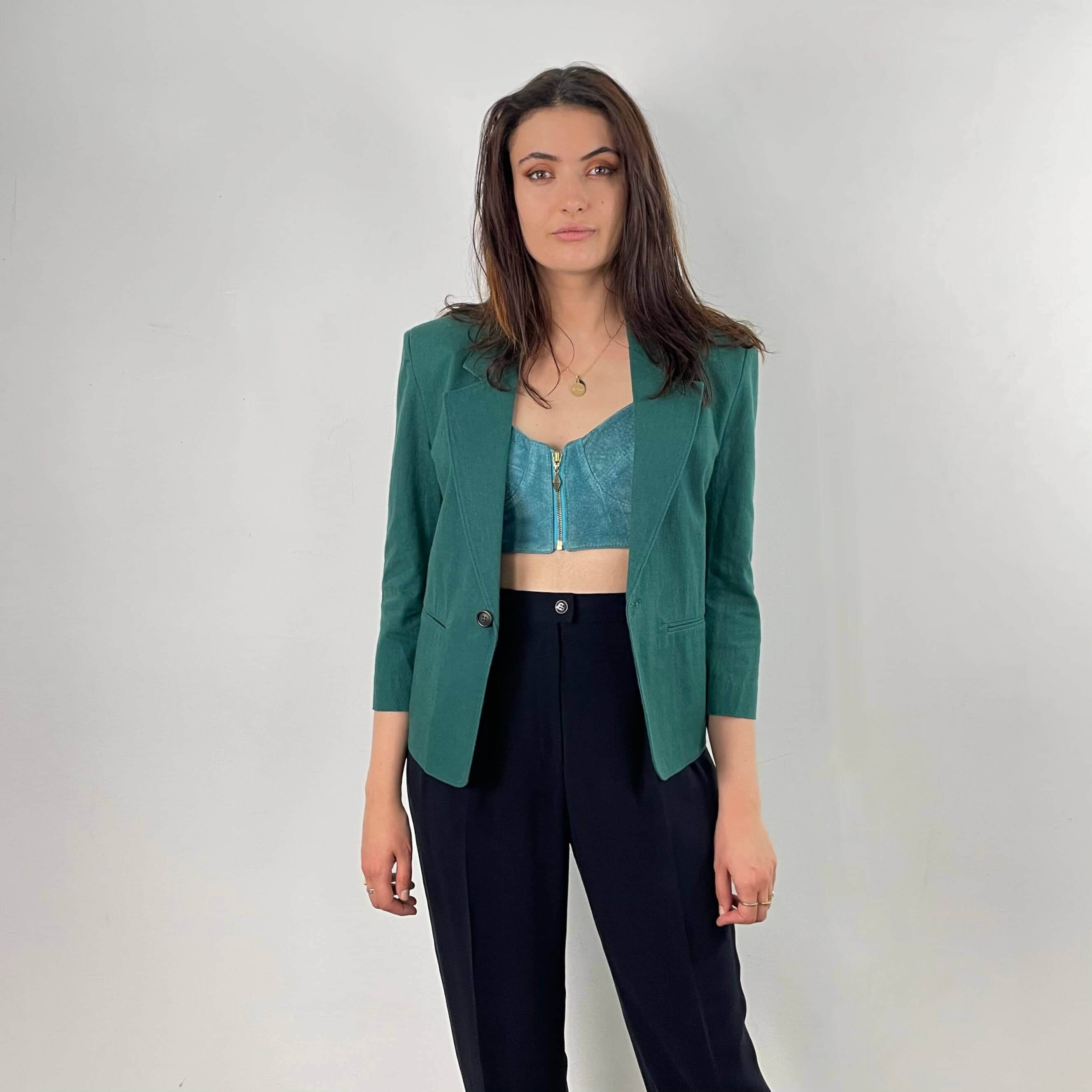 Front View of  1980s Christian Dior Green Cotton Blazer Size Small sold at bohemevintage.com Montreal