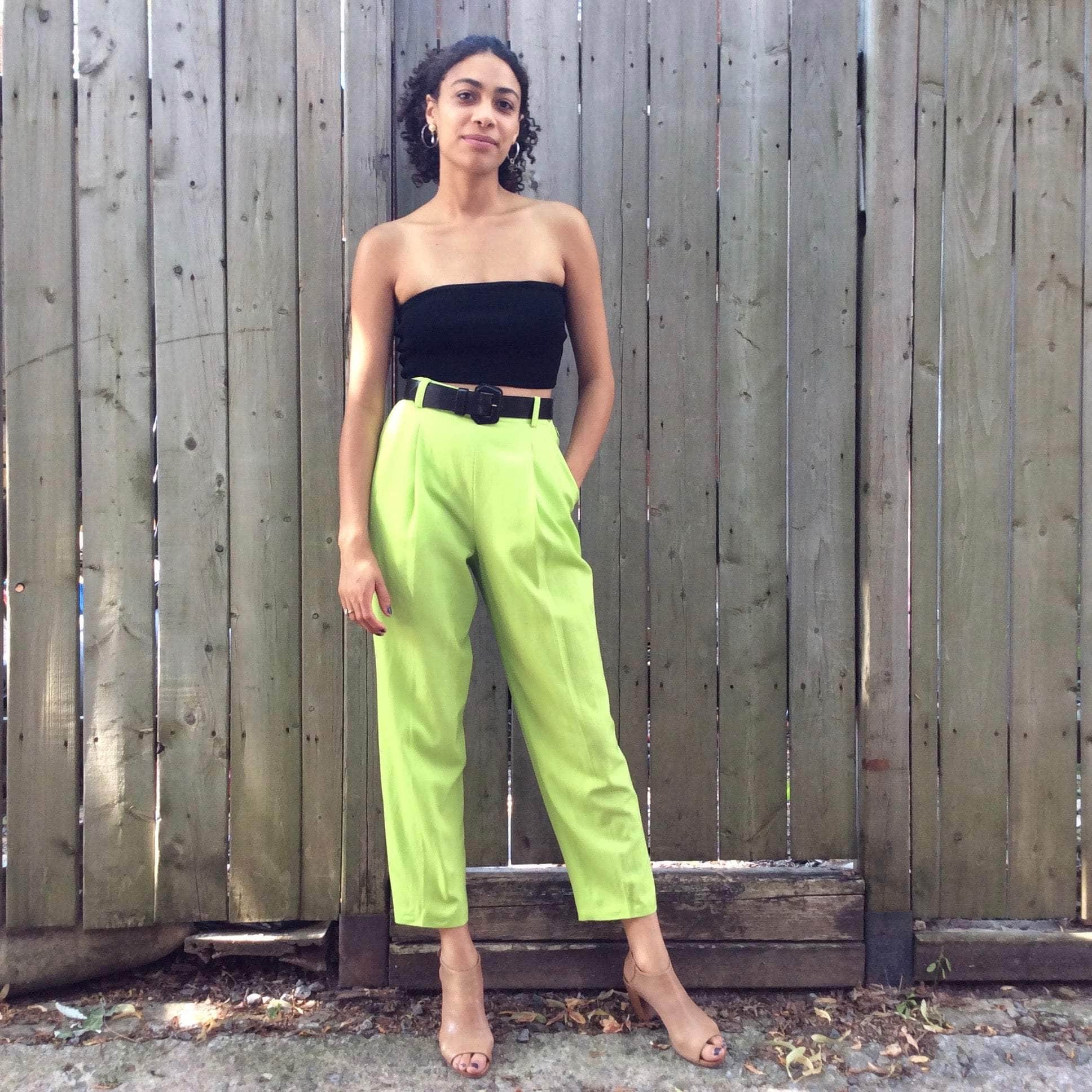 Mondi high-waist wool trousers in vibrant colour, flattering tapered fit, available at Boheme Vintage, Montreal — bohèmevintage.com
