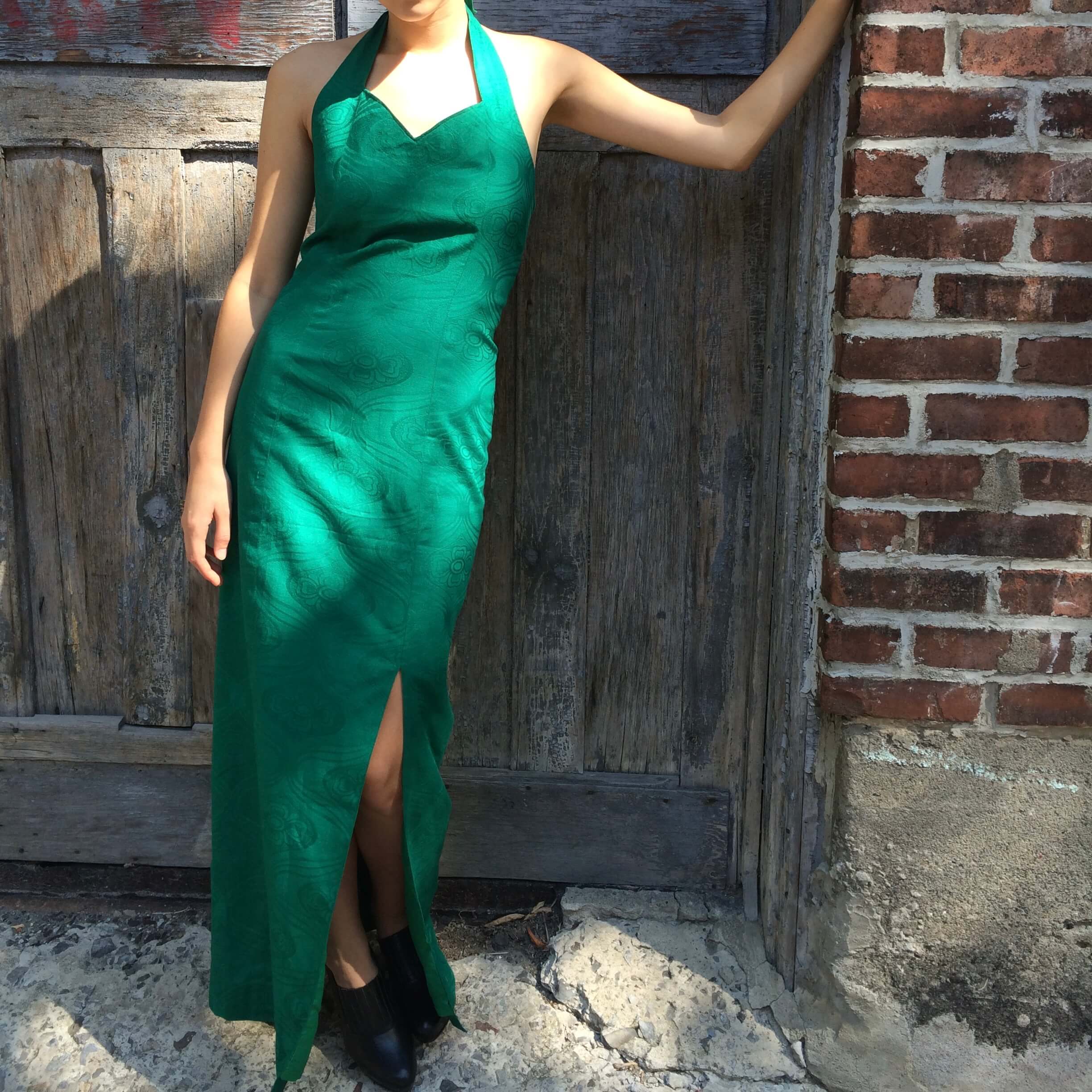 Front View of Emerald Green Front Slit Maxi Sheath Dress Size Small sold at bohemevintage.com Montreal
