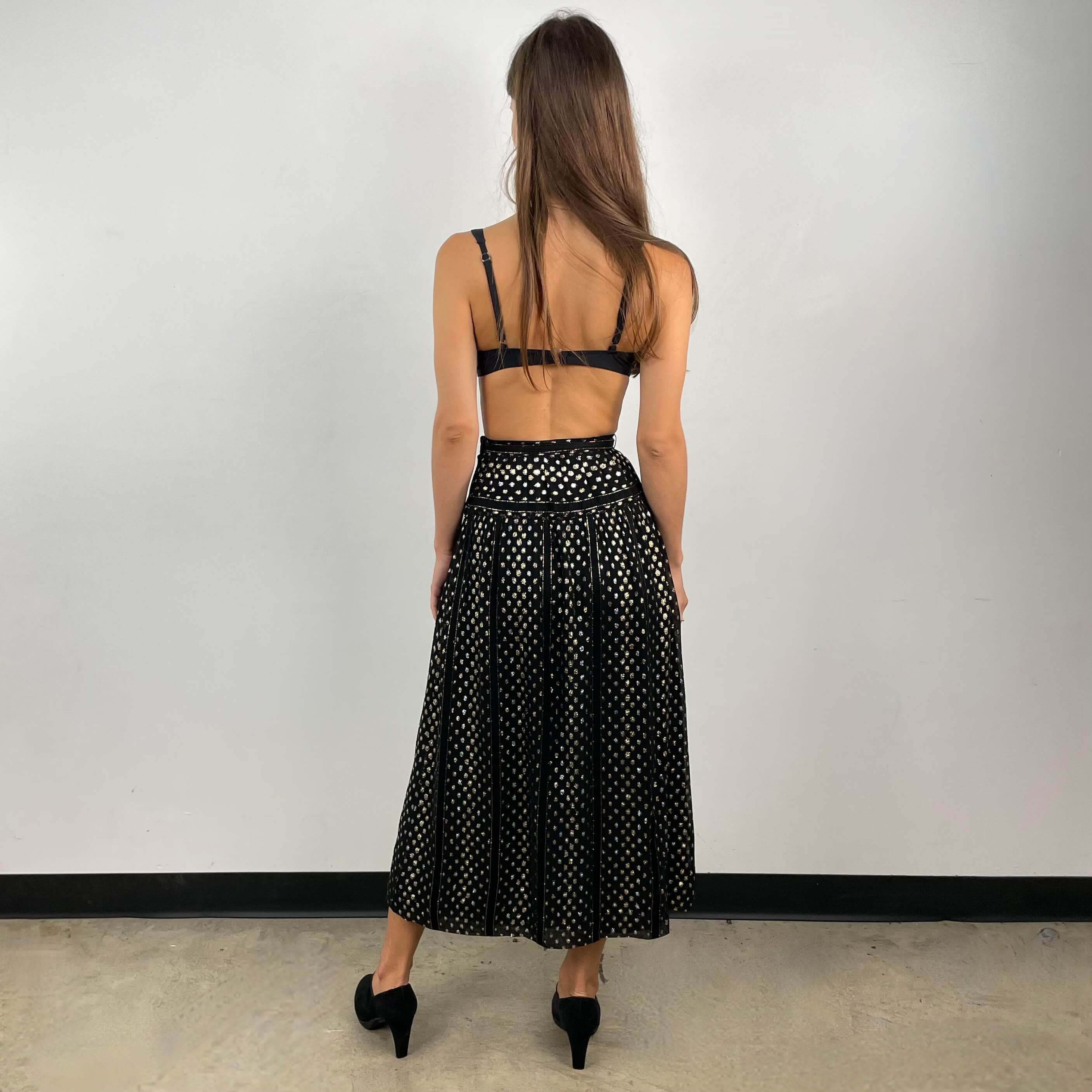 Back view of Gold and Silver Yoke Brocade Silk Midi Skirt Size X-Small sold at bohemevintage.com Montreal