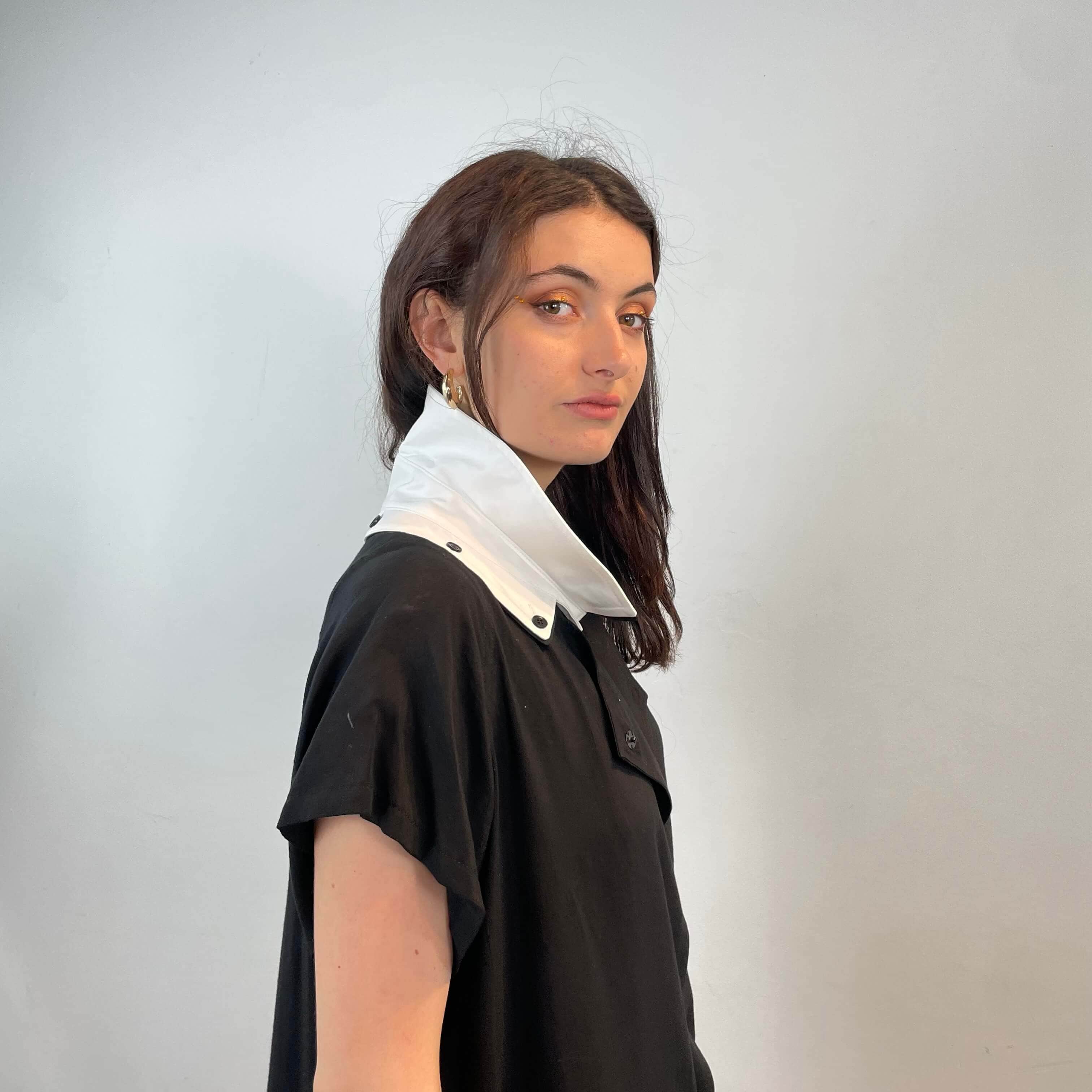 Close-up of removable white collar of Yohji Yamamoto Black Maxi Dress One Size fits most sold at bohemevintage.com Montreal