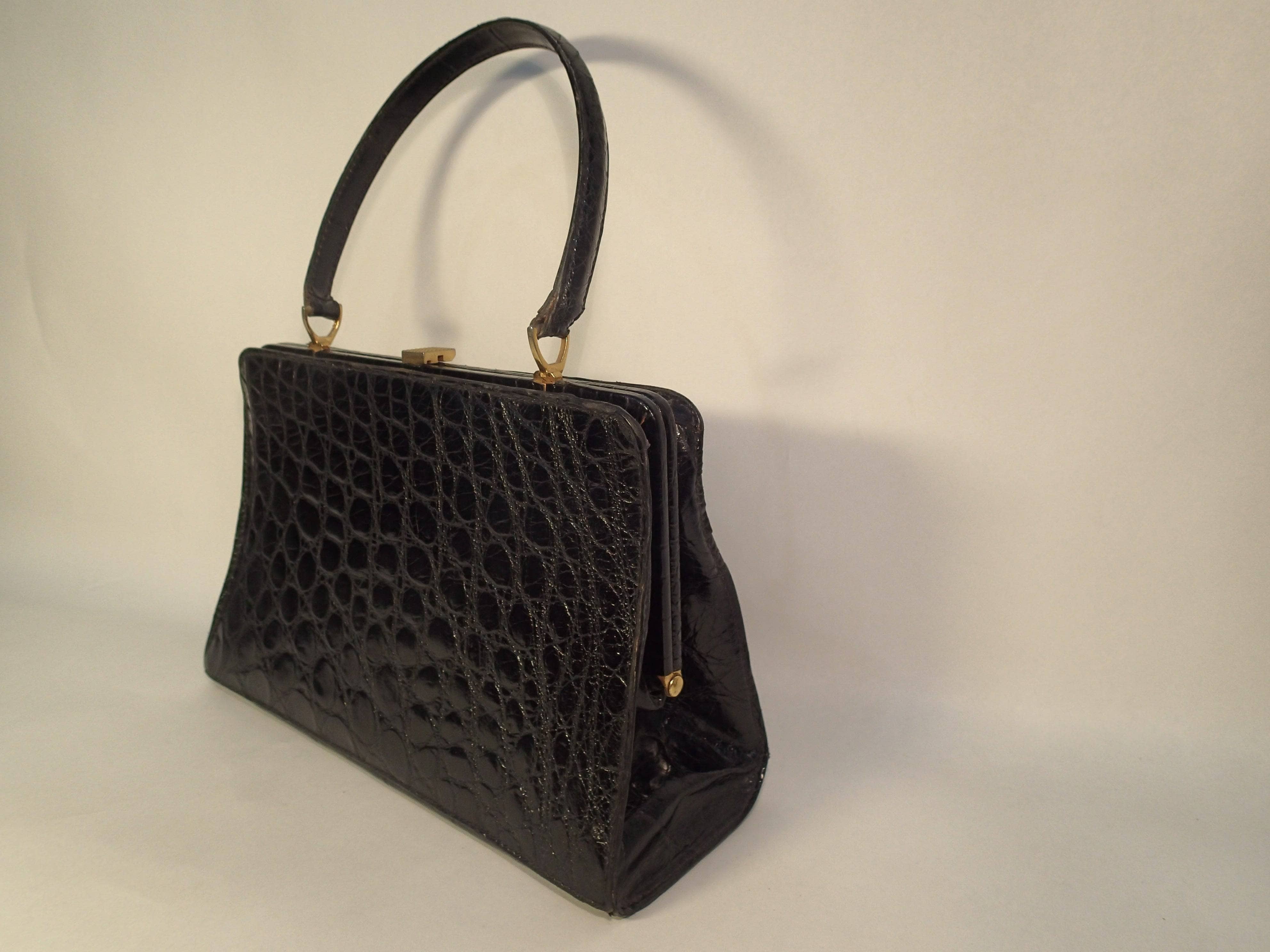 1950s "Birls de Paris" BlaIck Alligator Leather Handbag sold by bohemevintage.com Montreal 