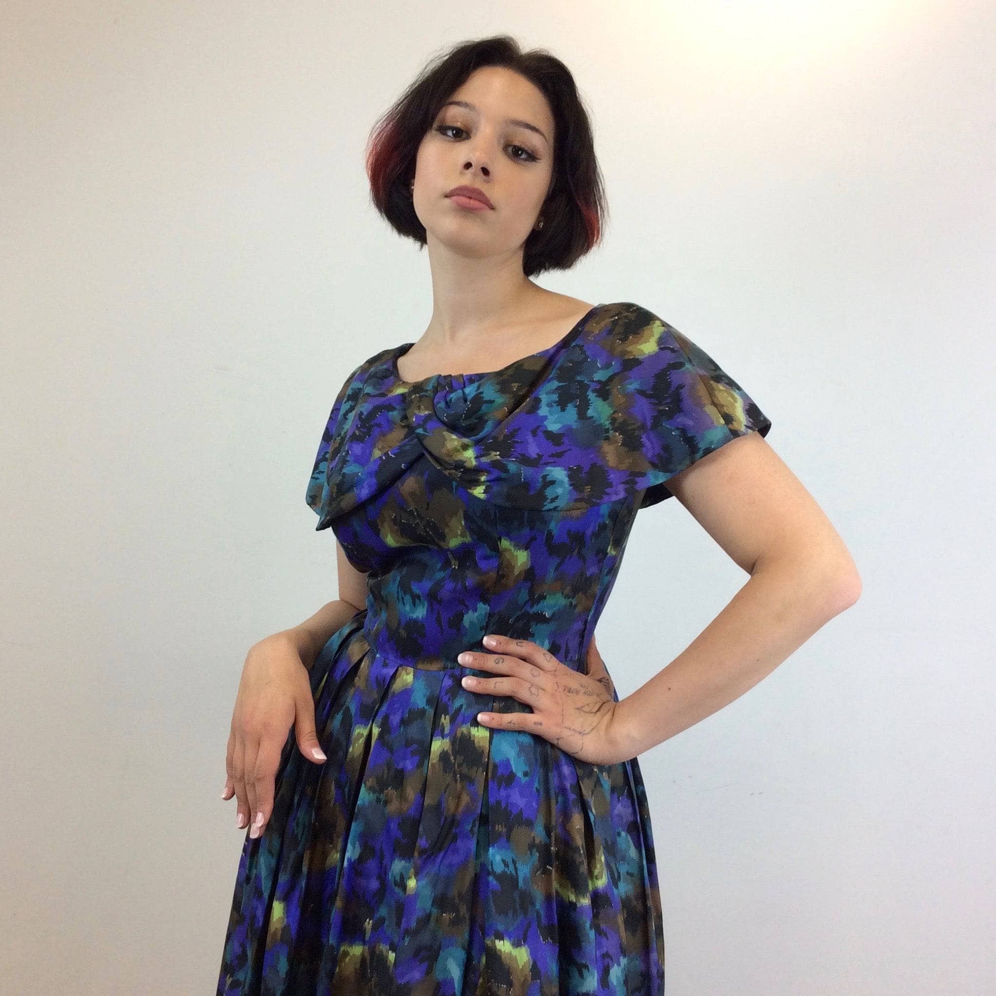  1950s Purple Abstract Print Full Skirt , Fit and Flare Silk Dress, size Medium, sold by bohemevintage.com