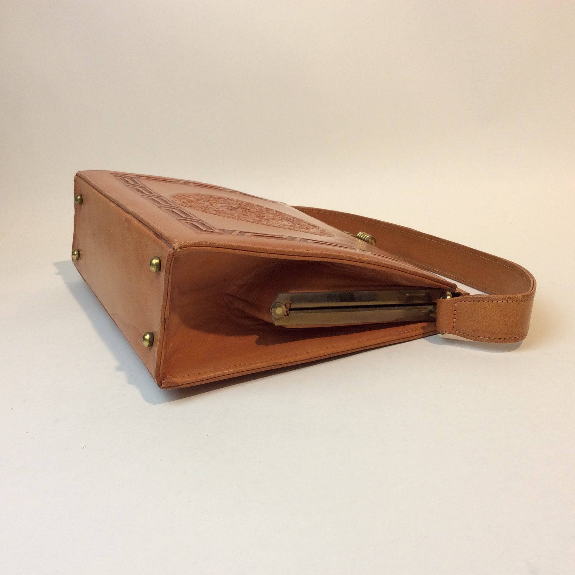 1950s Vintage Floral and Aztec Calendar Tooled Tan Leather Purse