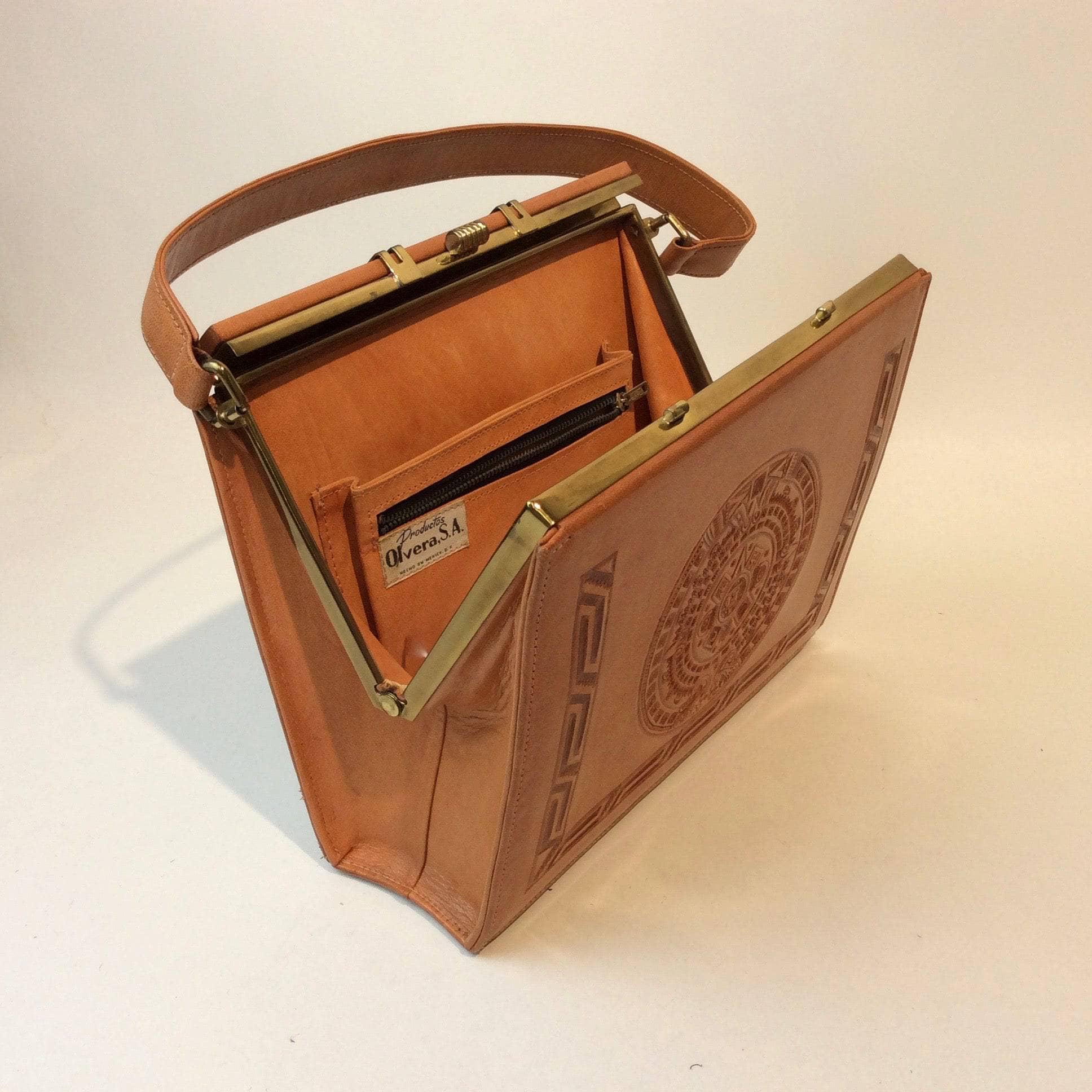 Open view of 1950s Vintage Floral and Aztec Calendar Tooled Tan Leather Purse