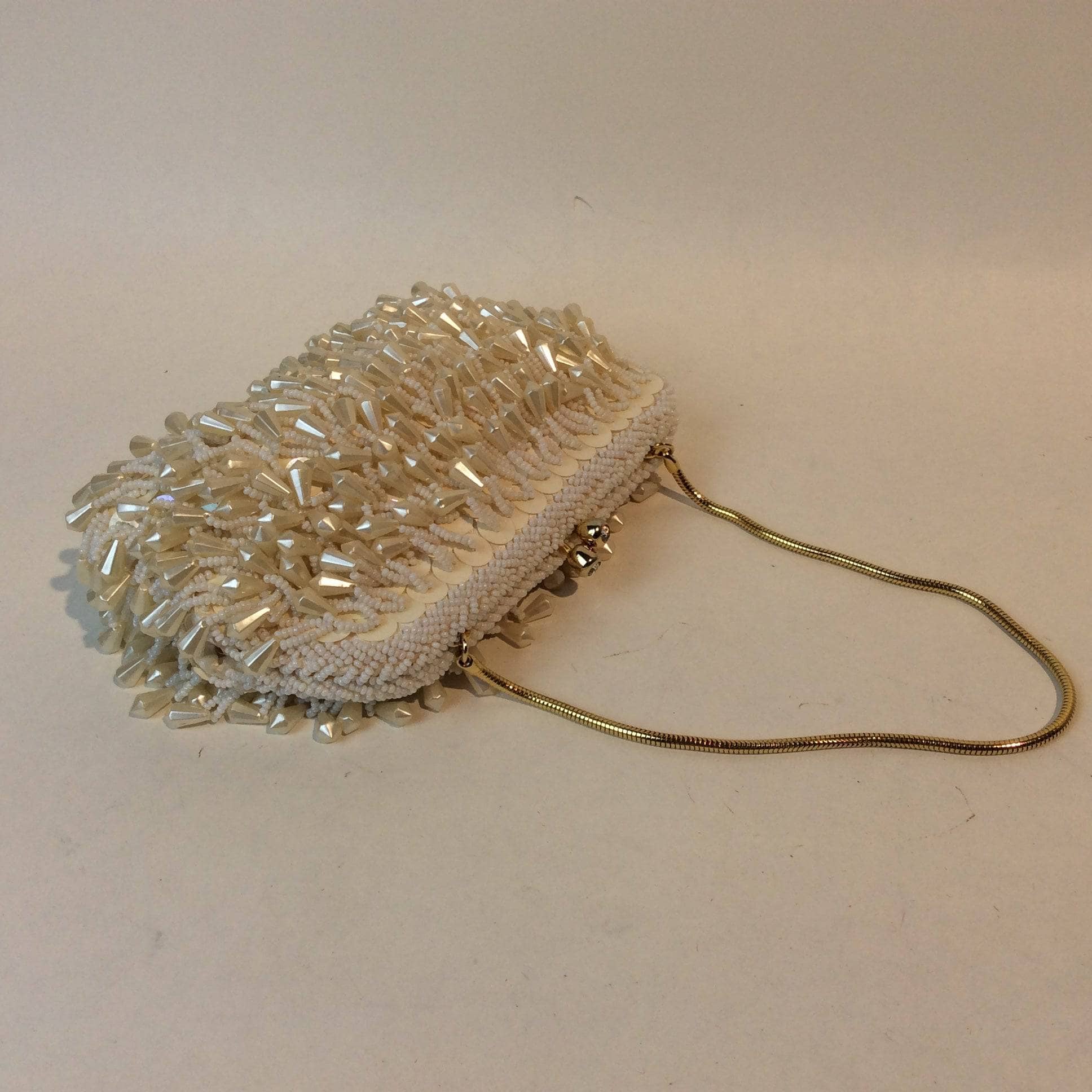 1960's "Geo Mercier" Ivory Bead and Sequin Evening Bag Clutch sold by bohemevintage.com Montréal