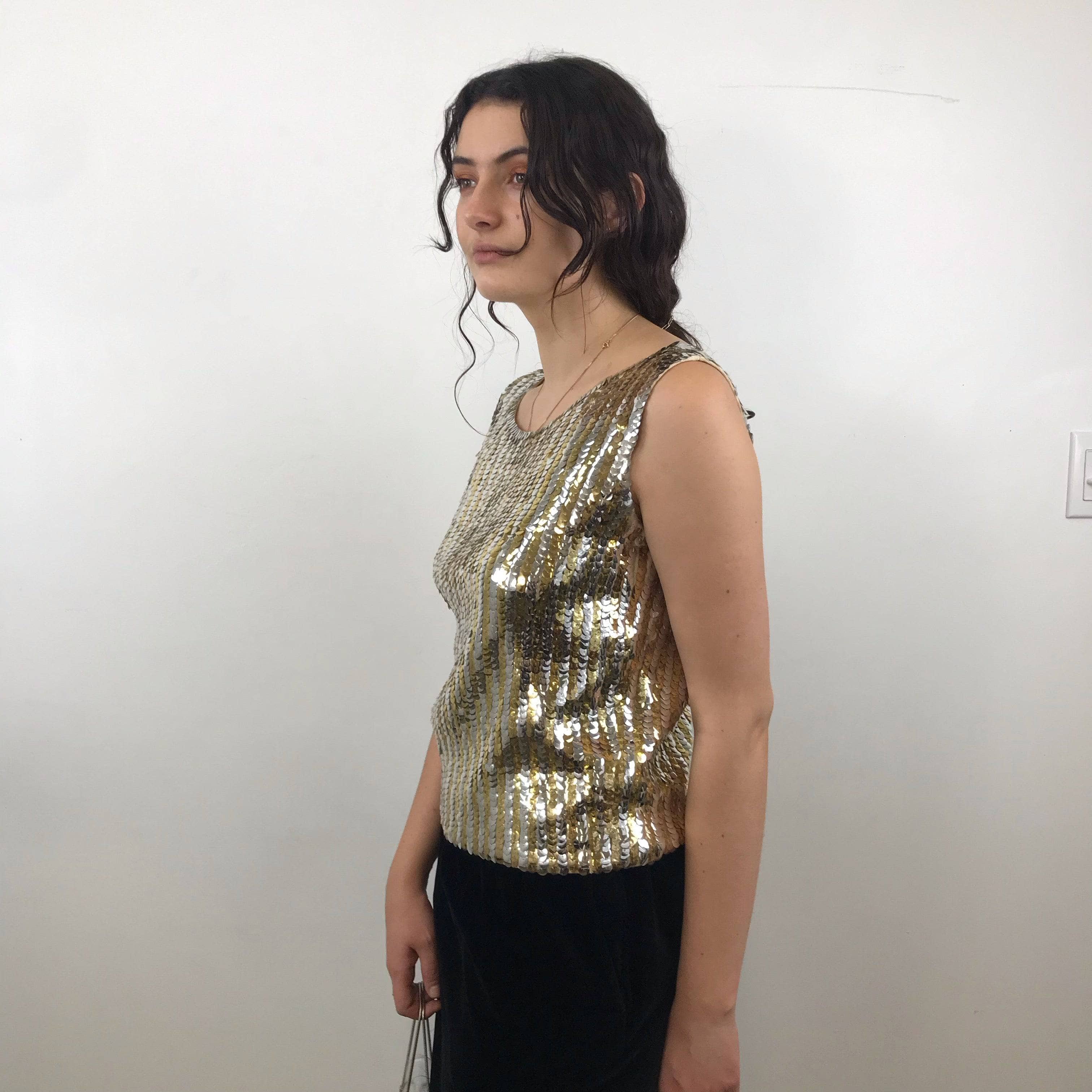 Side view of 1960s Gold and Silver Sleeveless Sequin Top Size Medium - Large sold by bohemevintage.com Montreal