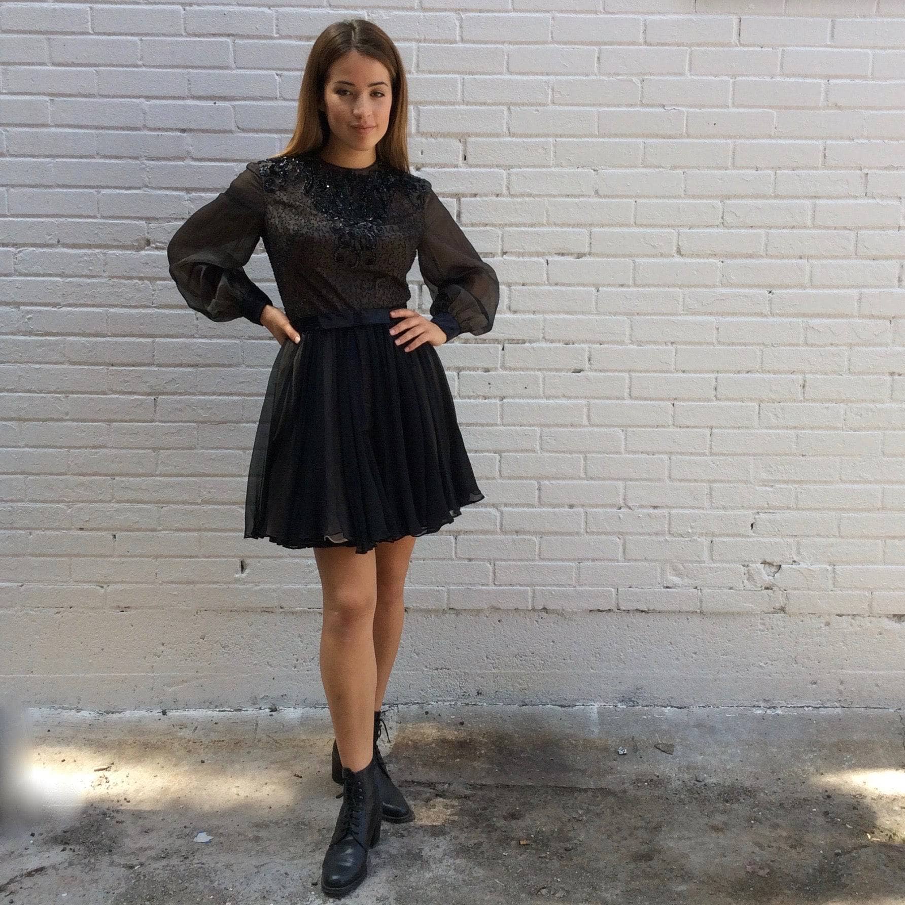 1960s "Lily Simon" Sequin and Beaded Silk Chiffon Couture Mini Dress Size Small sold by bohemevintage.com Montréal