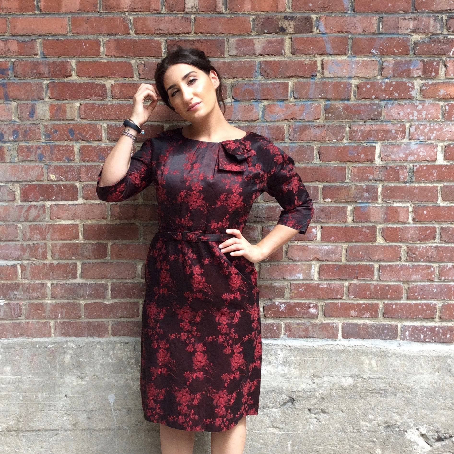 1960s Red and Black Floral Satin Brocade Sheath Cocktail Dress. Sold by bohemevintage.com Montreal