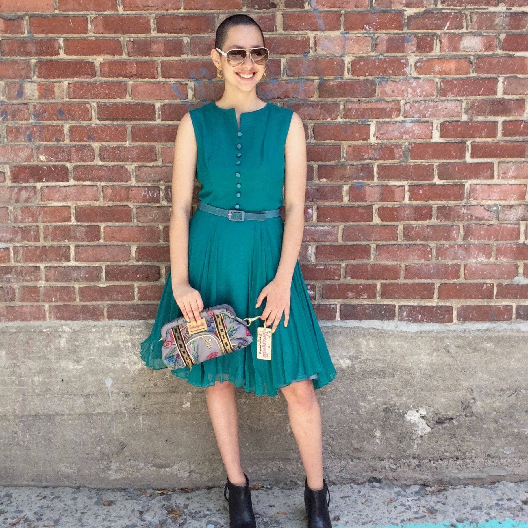 1960s Teal Chiffon Cocktail Dress Size Small-Medium with Betsy Johnson clutch handbag sold by bohemevntage.com Montréal