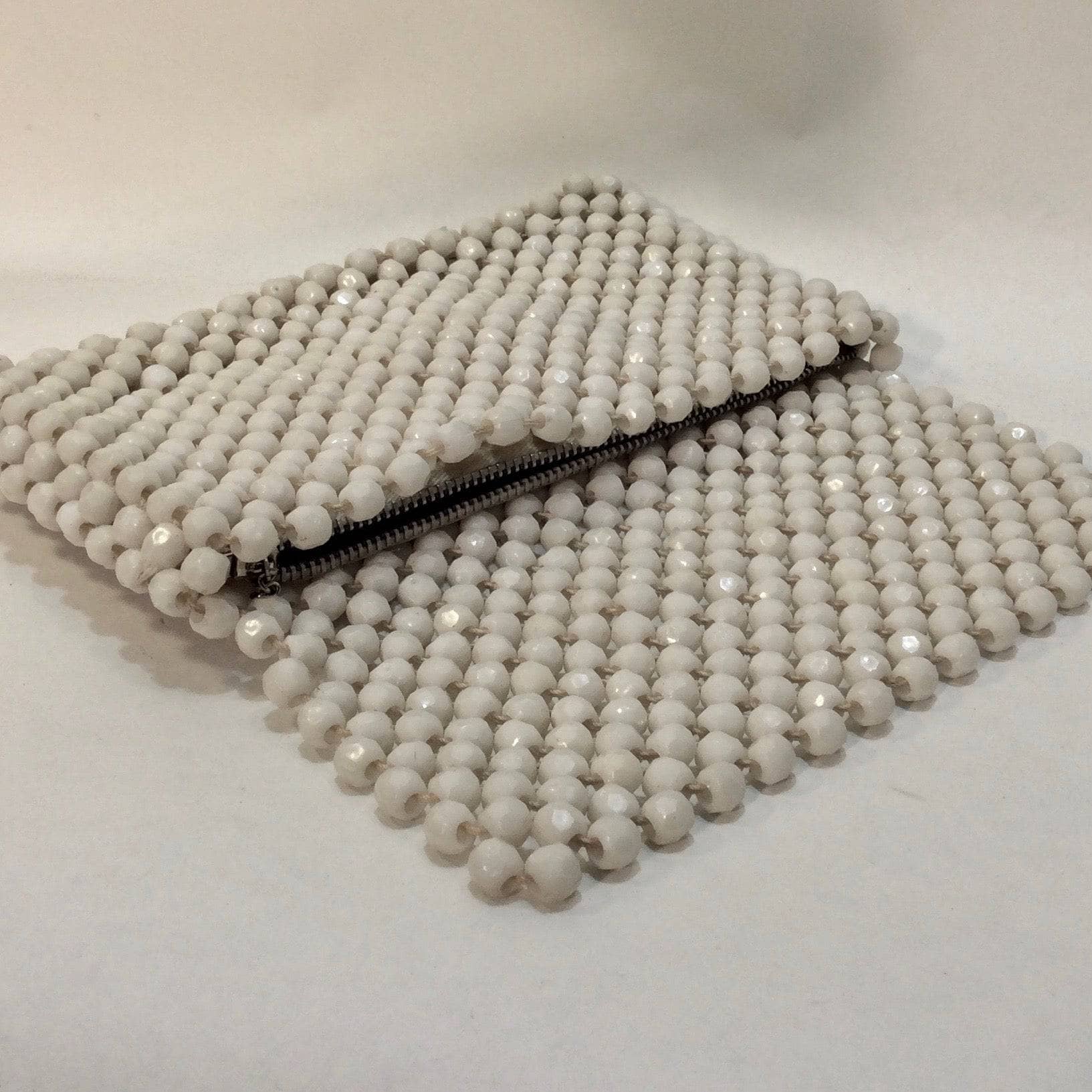 1960s White Octagonal Beaded Clutch Bag