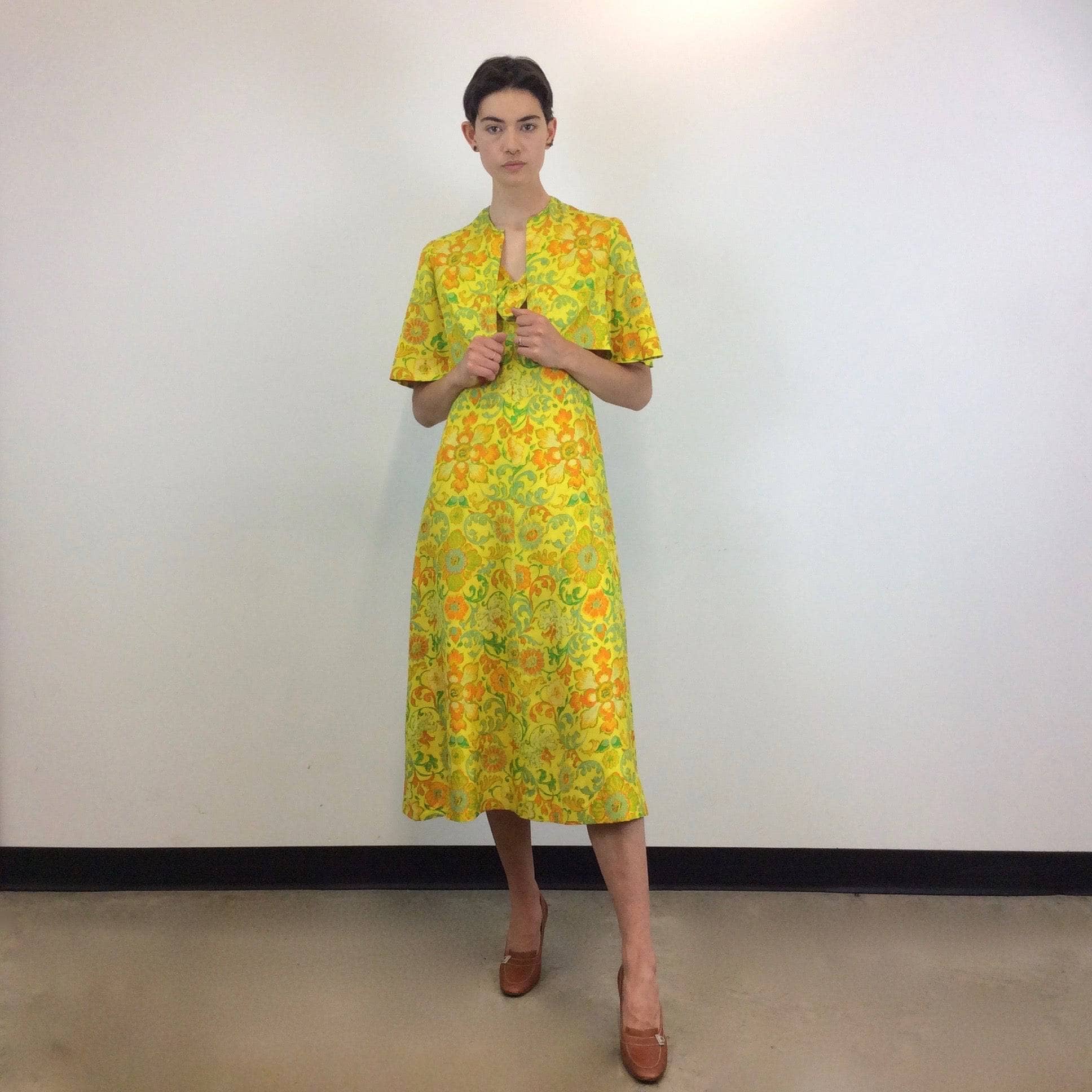  1970s Bold Print Yellow Silk Dress and Bolero Set, Sold by bohemevintage.com Montréal