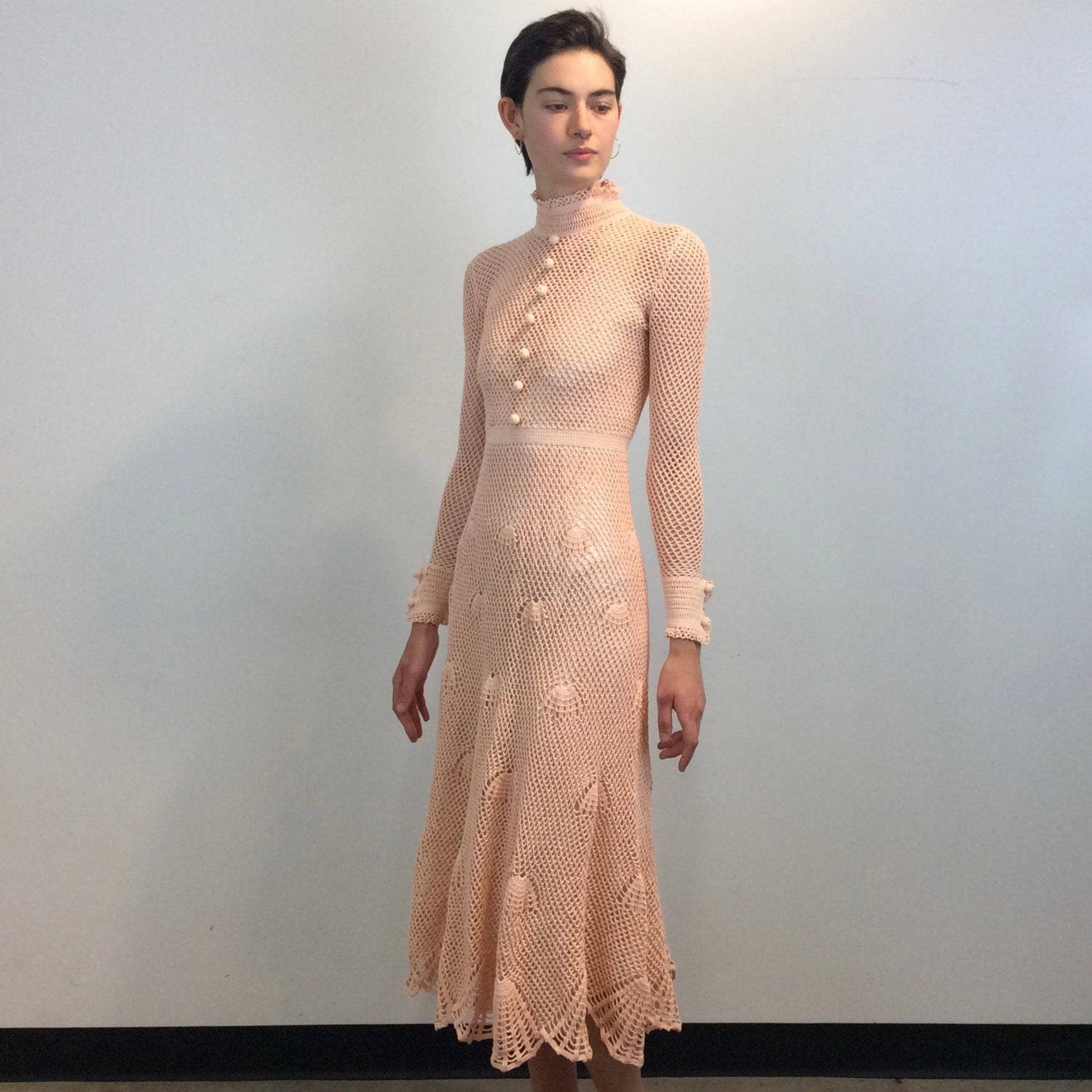 1970s Long Sleeve Crochet Mesh Midi Dress Size Small sold by bohemevintage.com Montreal