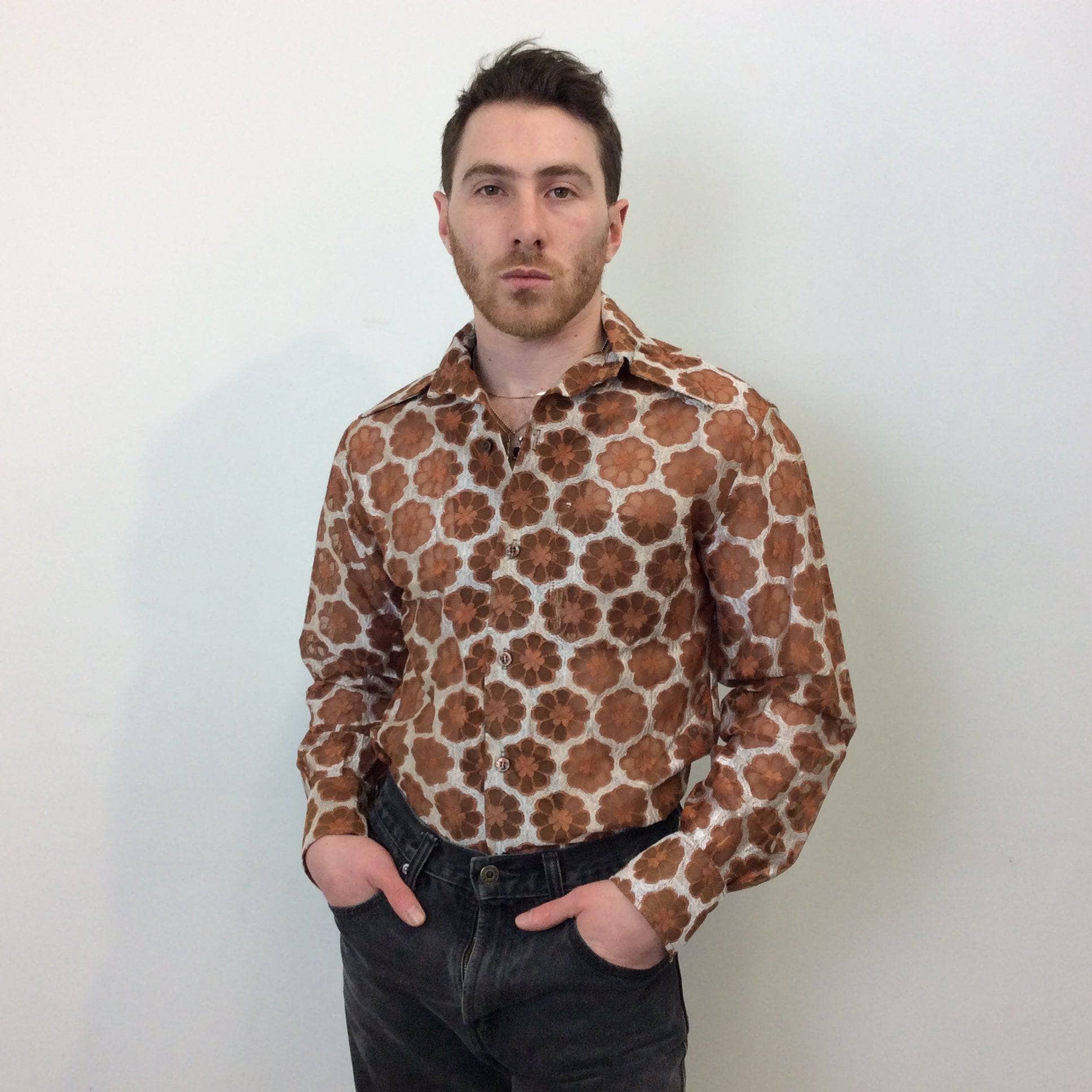 1970s Men's Dead stock See-Through Disco Shirt Size Medium sold by bohemevintage.com Montreal