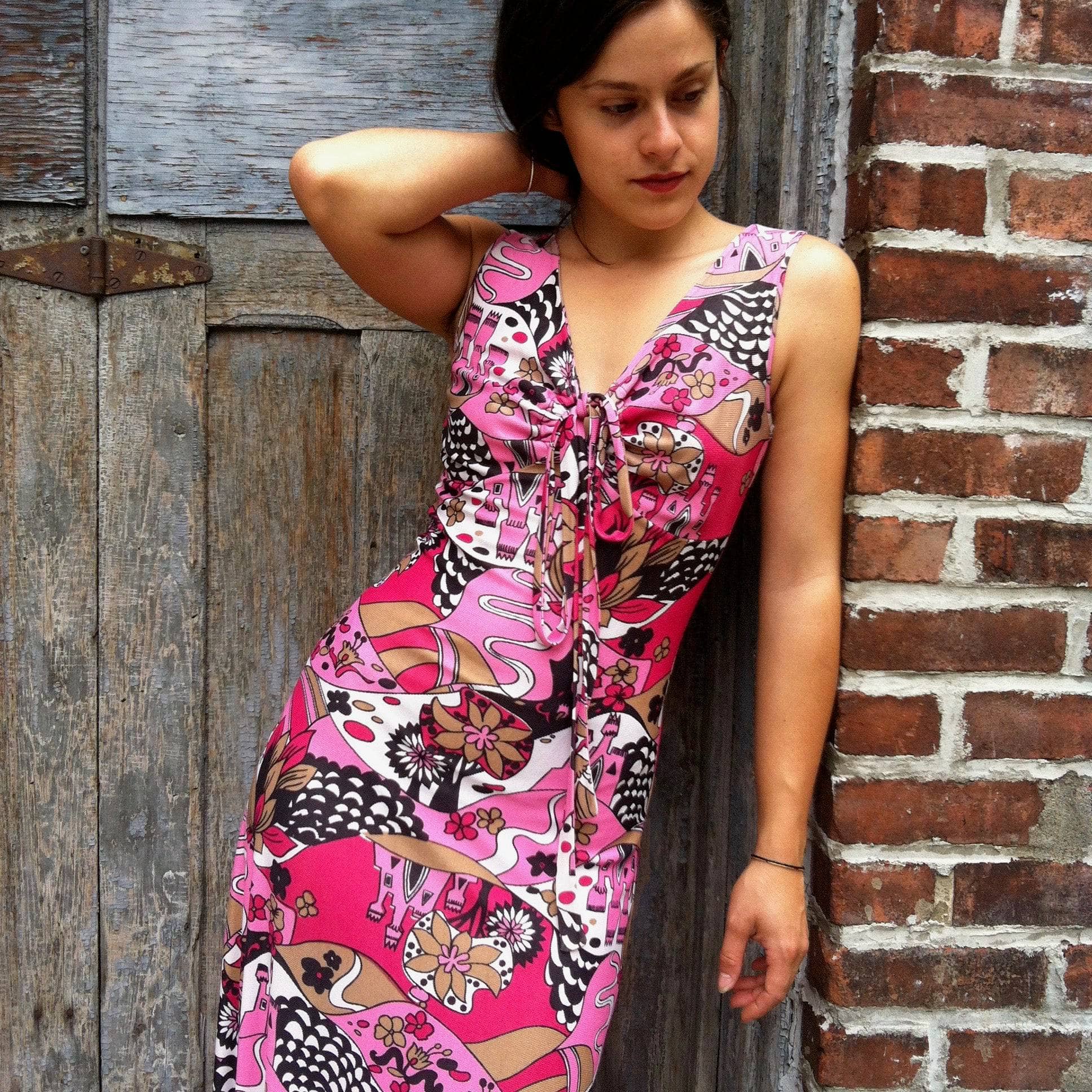 1970s Sleeveless Bold Print Maxi Dress size small sold by bohemevintage.com