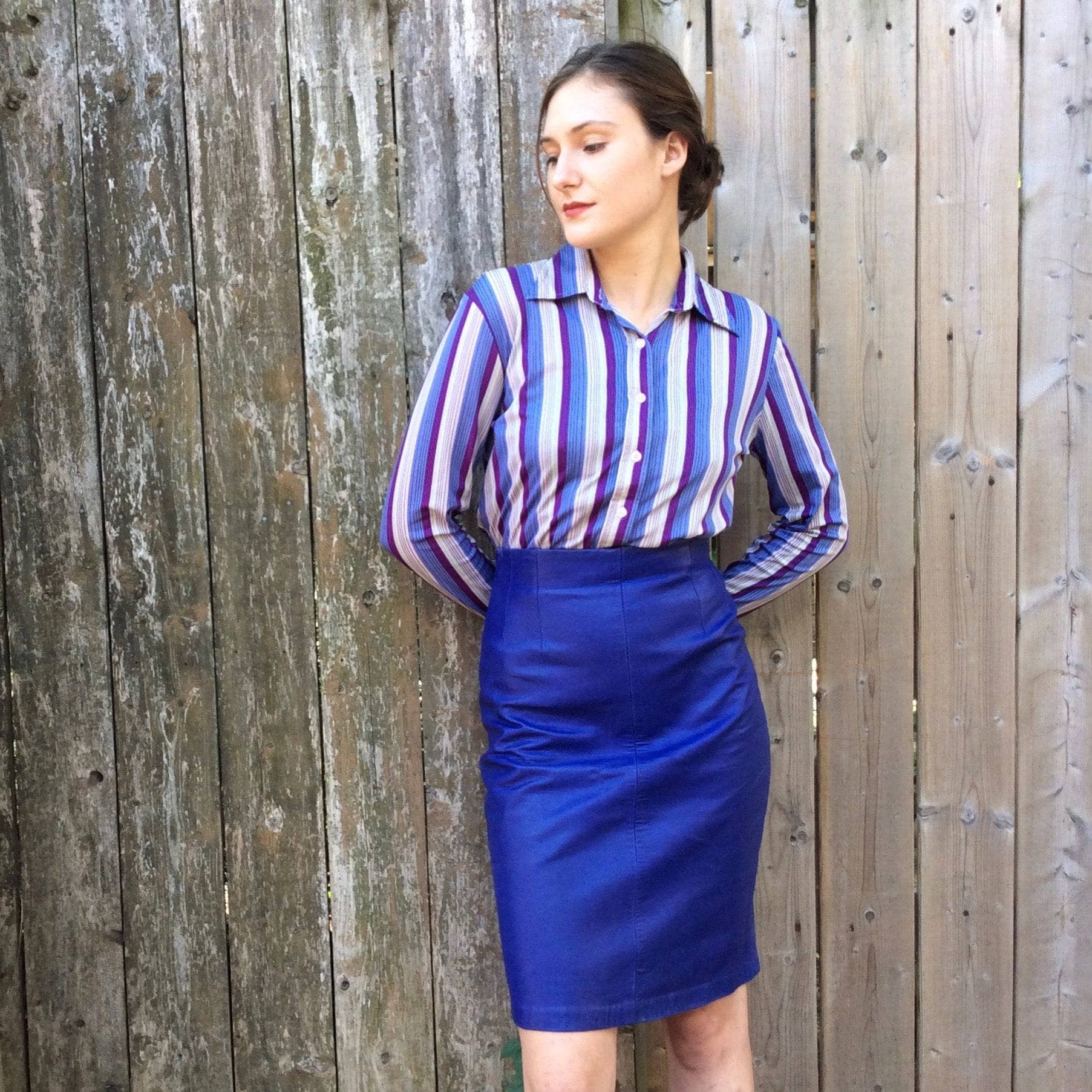 1970s Striped Purple Button-up Shirt Size Small/Medium, sold by bohemevintage.com Montréal